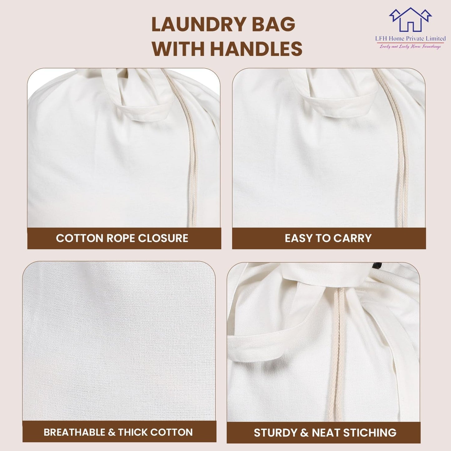 LFH Home Cotton Canvas Extra Large Laundry Bag with Handle, Heavy Duty Drawstring Closure Washable Laundry Bags School Travel, Home, Hotel, College Dorm, Organizer Sack, Toys Clothes 28x36-White