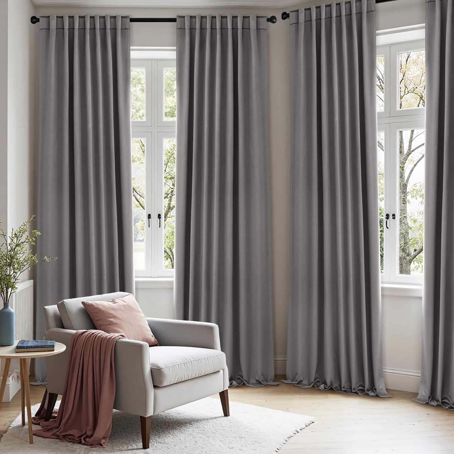 ANRODUO Back Tab Blackout Curtains for Bedroom Living Room, Rod Pocket Pinch Pleated Thermal Insulated Room Darkening Curtains 120 Inches Long 2 Panels, Grey, 52 x 120 Inch