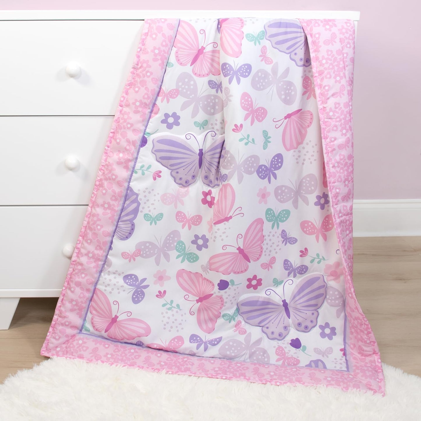 The Peanutshell 3 Piece Baby Crib Bedding Set for Girls - Newborn, Infant & Toddler Nursery Bed Set Decor with Fitted Crib Sheet, Dust Ruffle Comforter - Butterfly Song