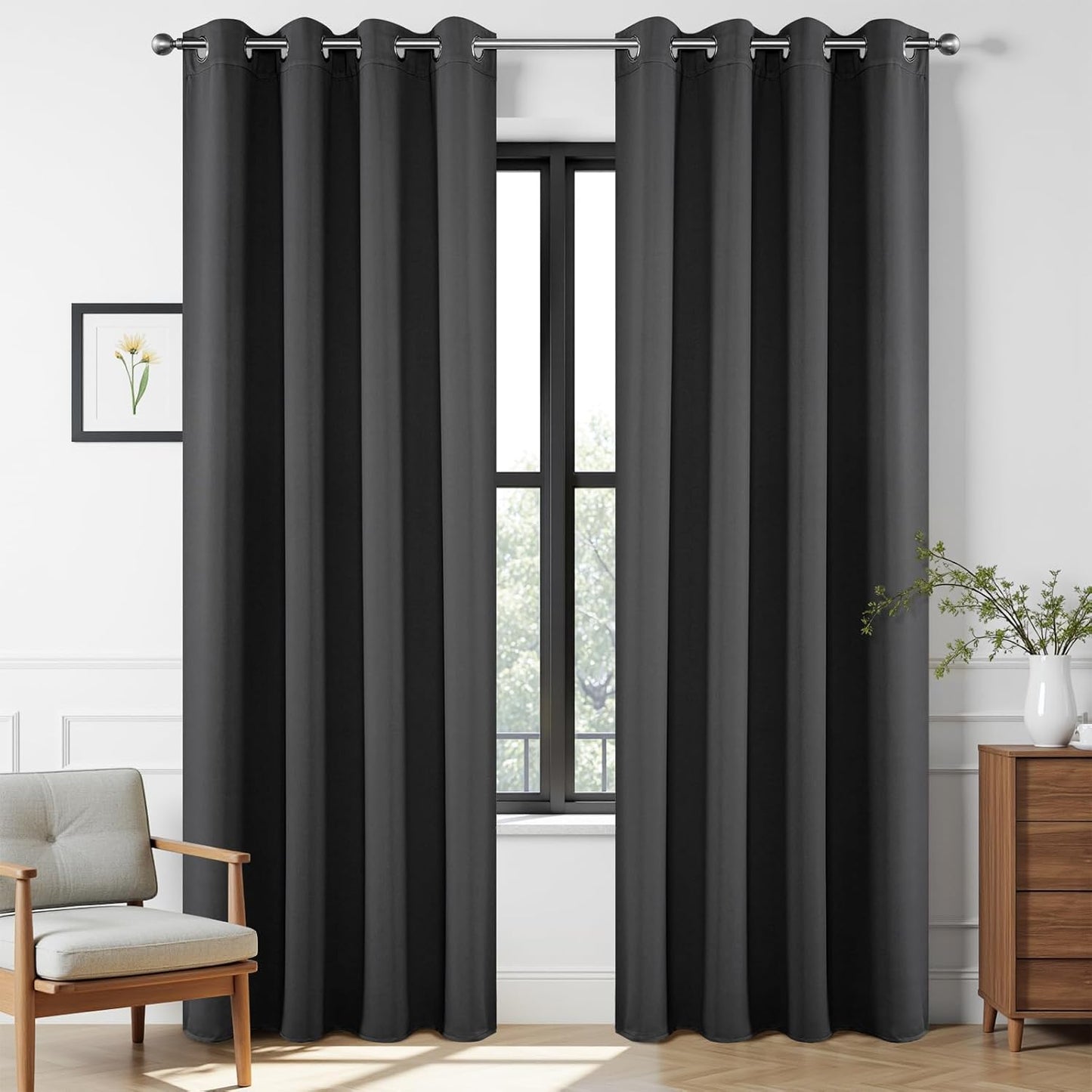Joydeco Blackout Curtains 108 Inches Long 1 Panel, Thermal Insulated Long Curtains& Drapes 1 Piece, Room Darkening Grommet Drapes for Living Room Bedroom Window (W70 x L108 Inch, Dark Grey)