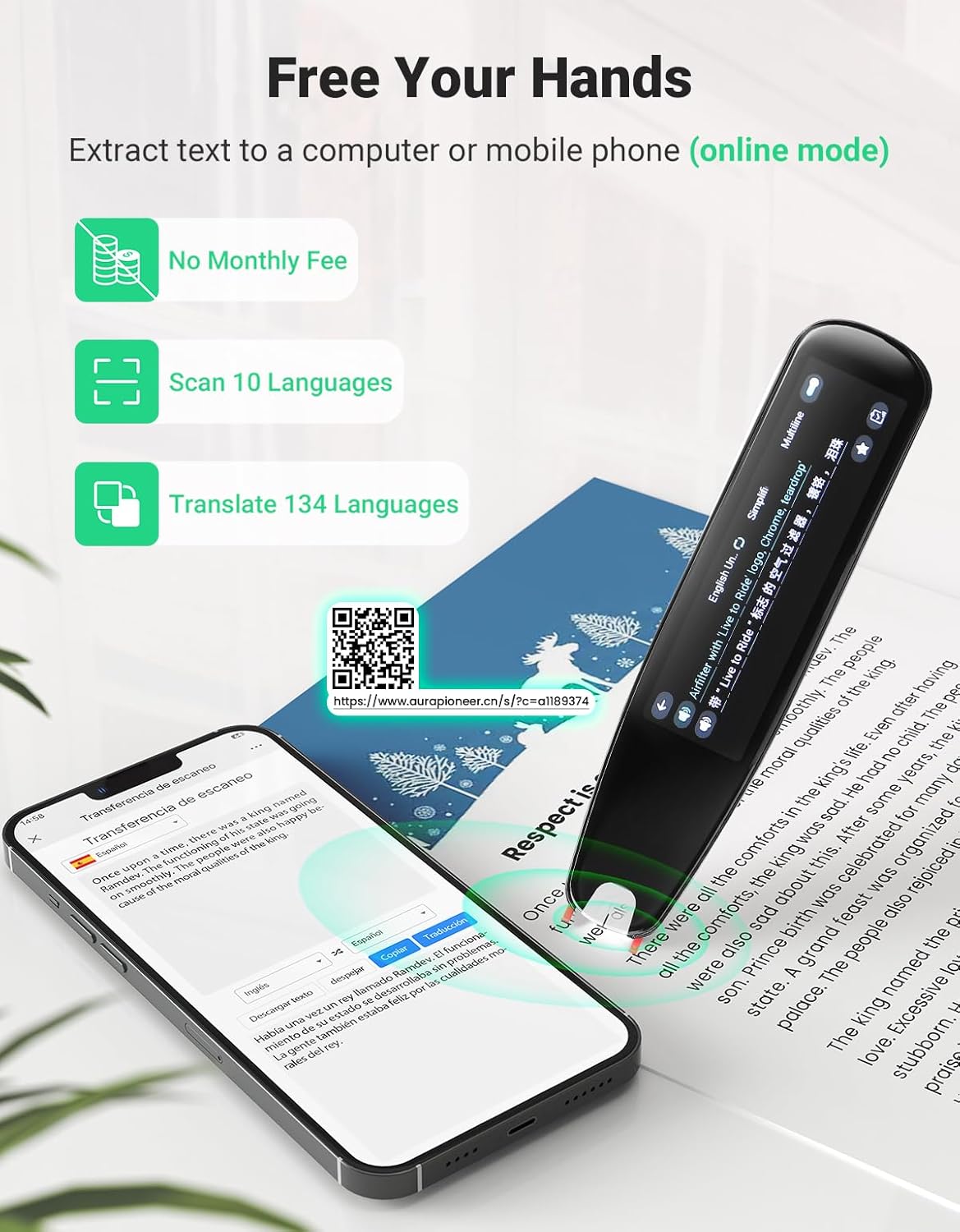SVANTTO S2 Reader Translator Pen Scanner, Text to Speech Device for Dyslexia, OCR Digital Highlighter Pen, Exam, Bluetooth Langage Translator, No Monthly Fee（Black）
