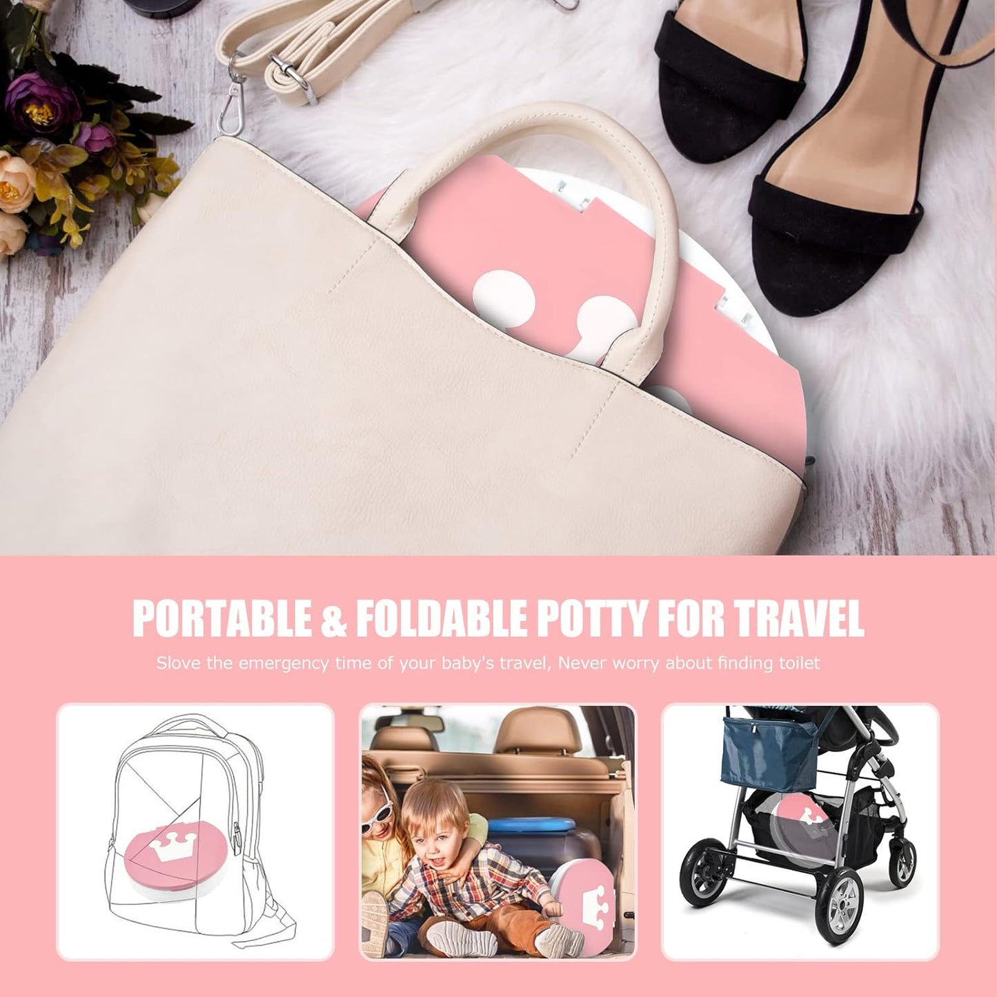 Travel Potty for Toddler Training - Foldable Seat for Boys & Girls - Portable Car Potty for Camping & Park (Pink)