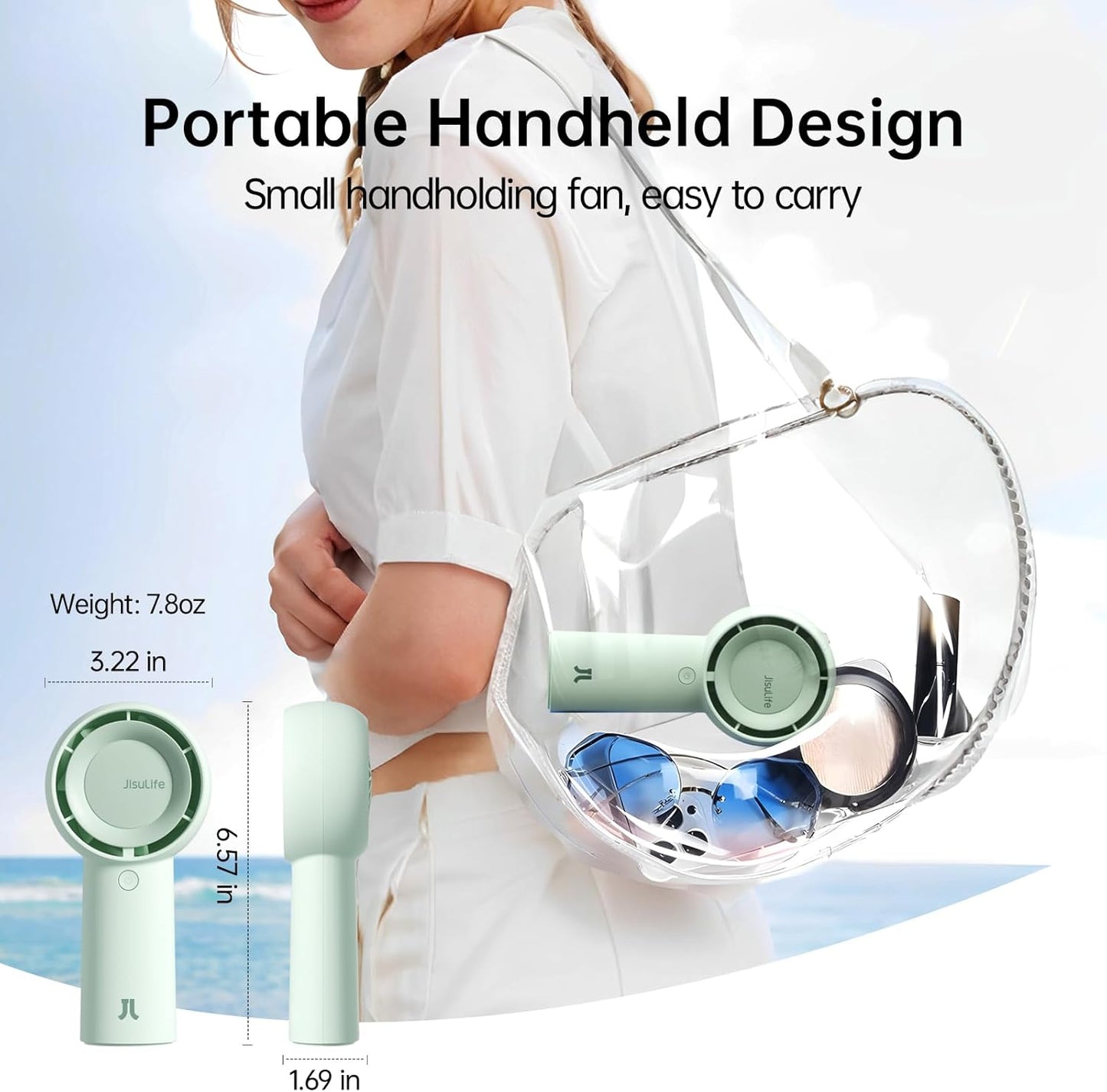 JISULIFE Portable Handheld Turbo Fan [16H Max Cooling Time], 4000mAh USB Rechargeable Personal Battery Operated Lash Small Pocket Fan with 5 Speeds for Travel/Outdoor/Vacation/Concerts - Green