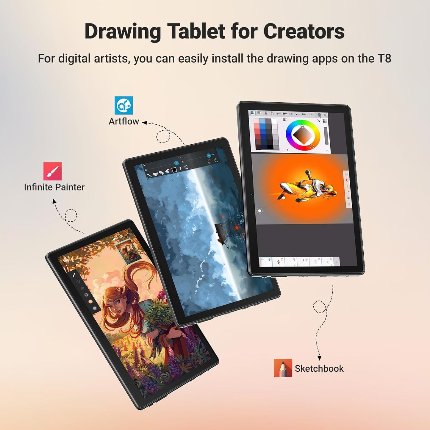 T8 Drawing Tablet No Computer Needed,8 inch FHD Display,Octa-Core CPU,Pre-Installed Drawing Apps & Tutorials,More Bonus Items for Beginners, Artists, Students