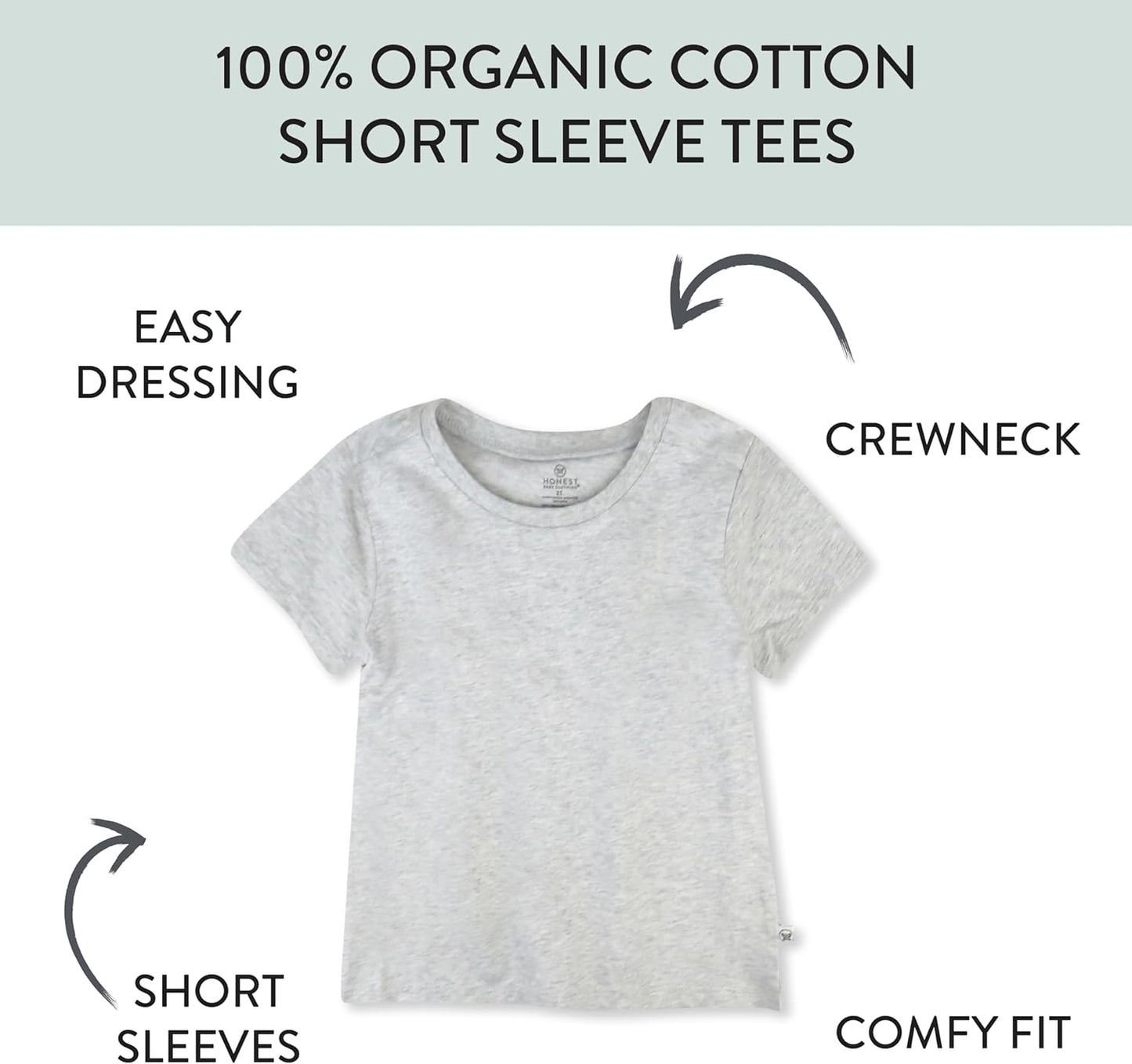 HonestBaby 10-Pack Short Sleeve T-shirts 100% Organic Cotton Baby, Toddler, Little Kids, Boys, Girls, Unisex
