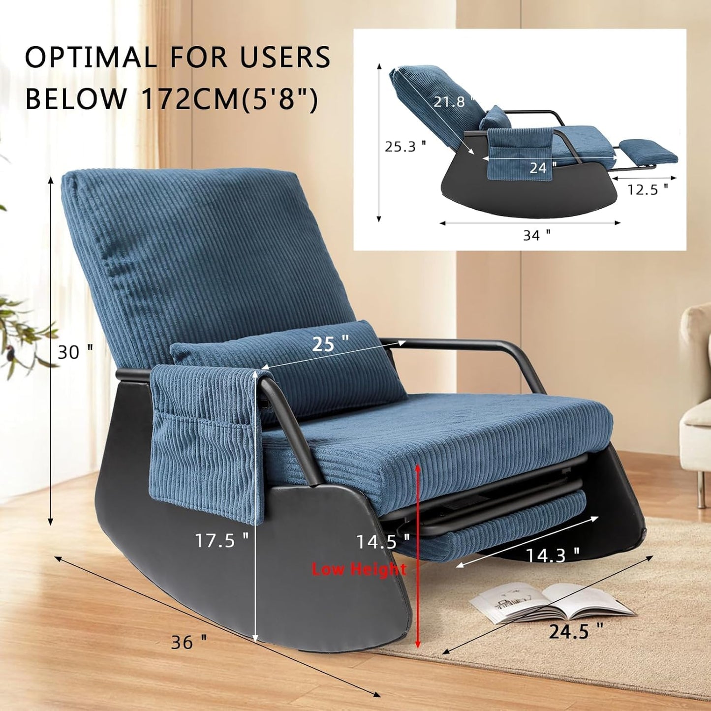 Rocking Chair for Nursery, Modern Upholstered Plush Seating Glider Recliner Chair with High Backrest and Side Pocket, Accent Armchair with Cushions for Living Room/Reading (Blue)