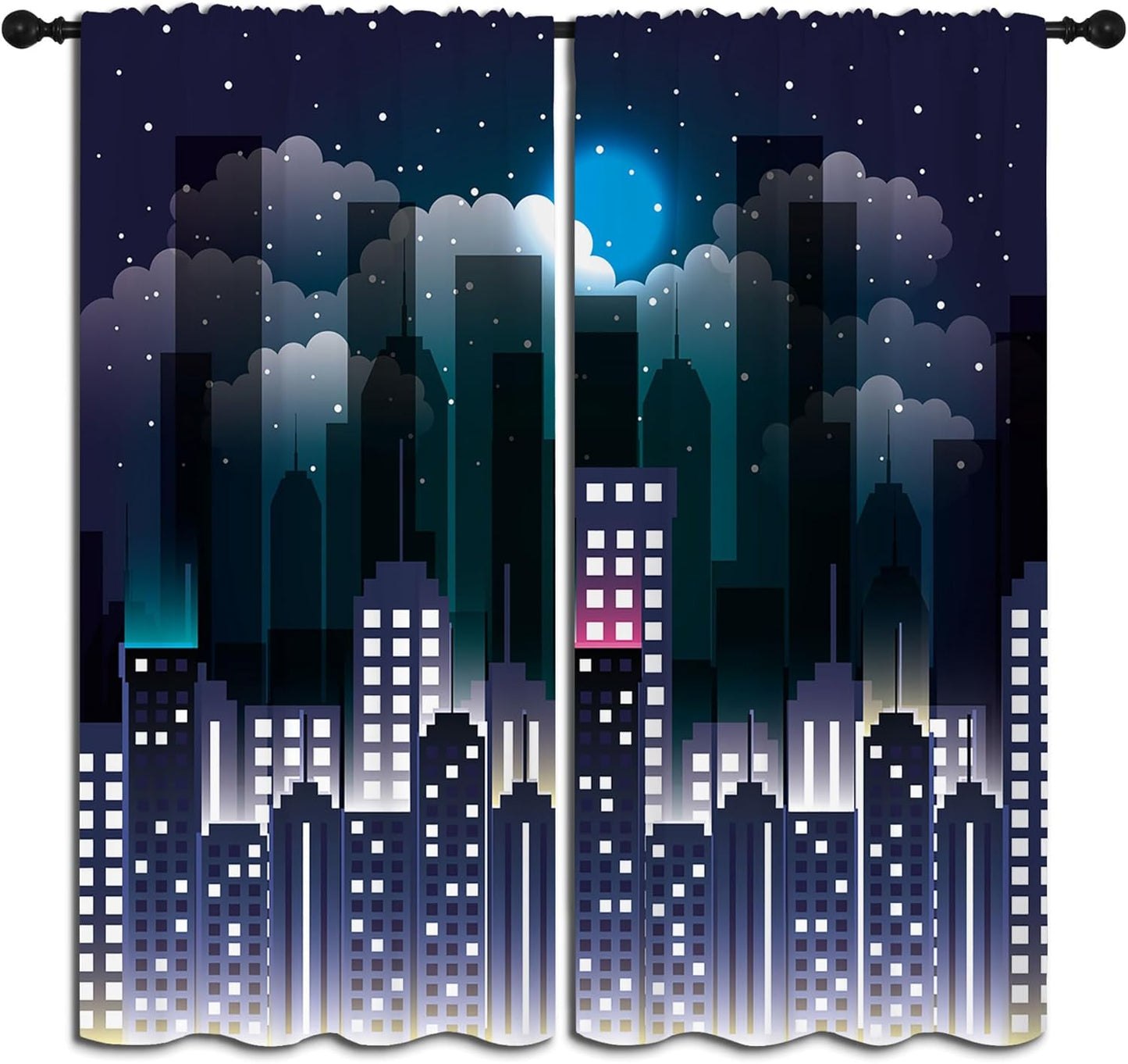 Superhero Rod Pocket Blackout Curtains for Boy Girl Bedroom, Violet Night Sky Buildings Cityscape Thermal Insulated Home Window Drapes for Living Room Darkening, 72x63 inch