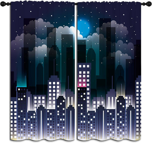 Superhero Rod Pocket Blackout Curtains for Boy Girl Bedroom, Violet Night Sky Buildings Cityscape Thermal Insulated Home Window Drapes for Living Room Darkening, 72x63 inch
