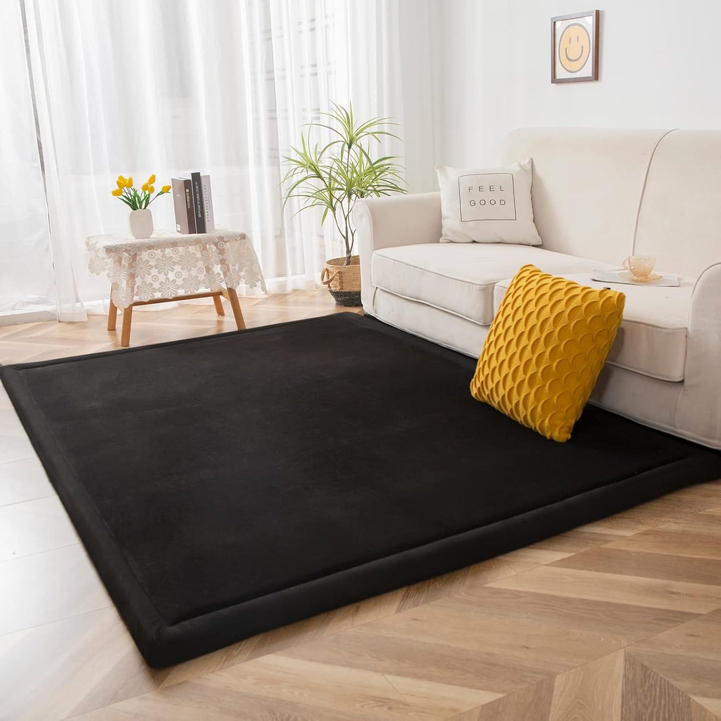MAXYOYO Black Coral Velvet Area Rug, Thick Japanese Tatami Mat Living Room Carpet with Non-Slip Backing, Large Solid Color Mat for Bedroom Dormitory Yoga, 78 by 78 inch