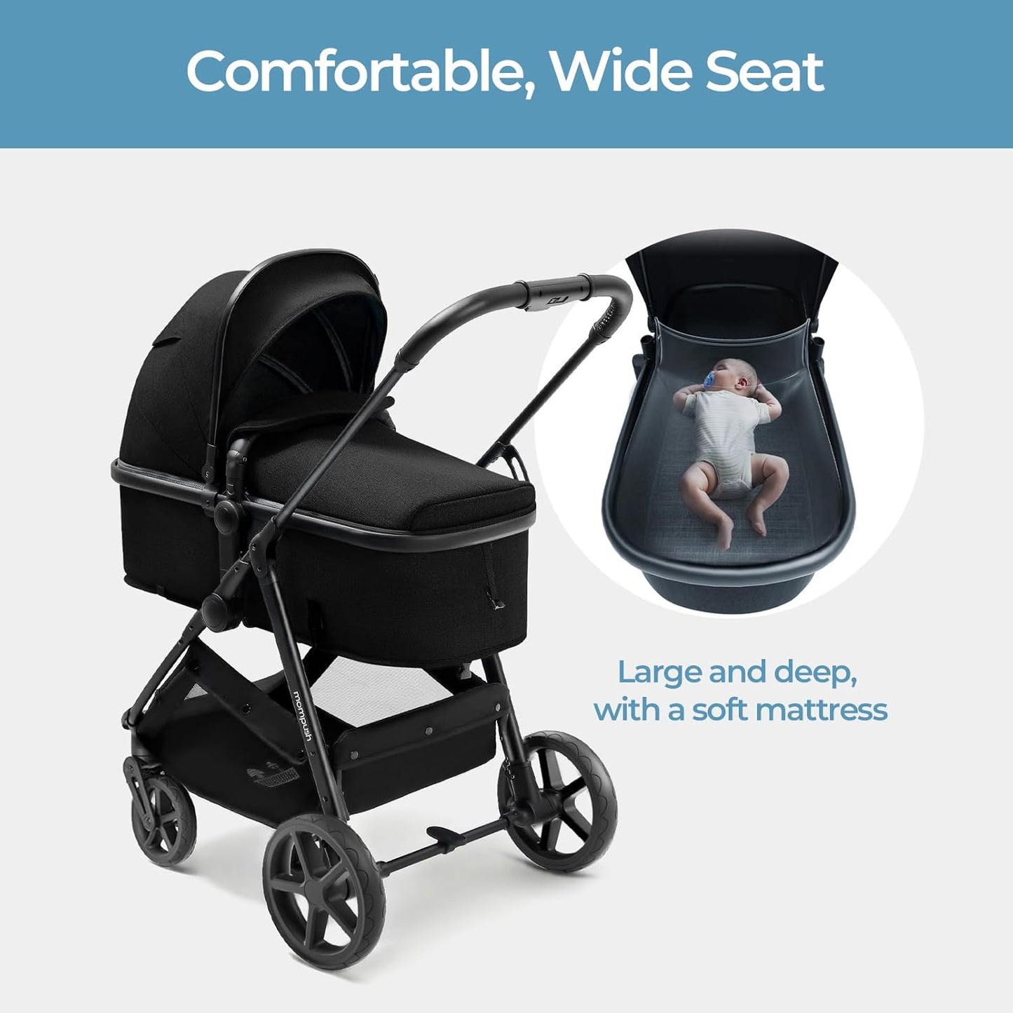 Mompush Wiz 2 in 1 Baby Stroller with Bassinet Mode, Convertible Infant Stroller for Newborn and Toddler with Reversible Seat and Large UPF 50+ Canopy