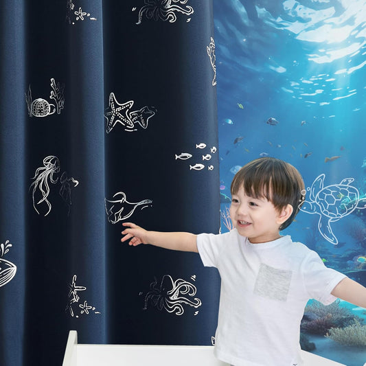 Vangao Kids Curtains for Boys Bedroom Kids Blackout Curtains 63 Inch Length Ocean Aquarium Nursery Drapes for Girls Bedroom Silver Sea Animals Print Thermal Insulated Drapes, Navy Blue 2 Panels