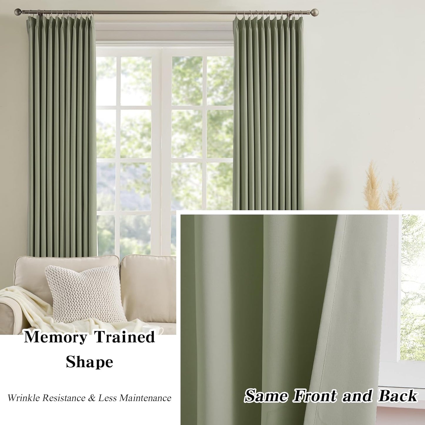 Sage Green Pinch Pleat Curtains 63 Inches Long Thermal Insulated Dark Black Out Short Drapery for Bedroom Light Blocking Window Covering Room Darkening Drapes for Living Room 40x63 2 Pieces