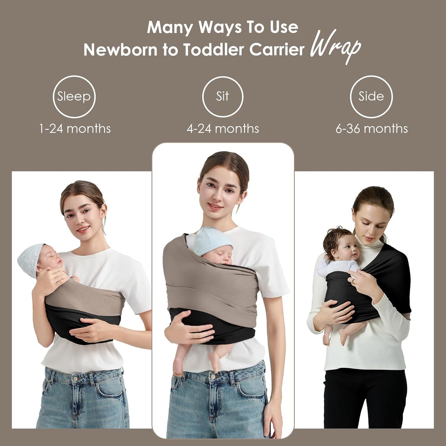 Baby Wrap Carrier, Lightweight Baby Wearing Wraps for Newborn and Infant, Soft Swaddle Holder Carrier, Cozy Baby Sling 7-35 lbs Black+Brown