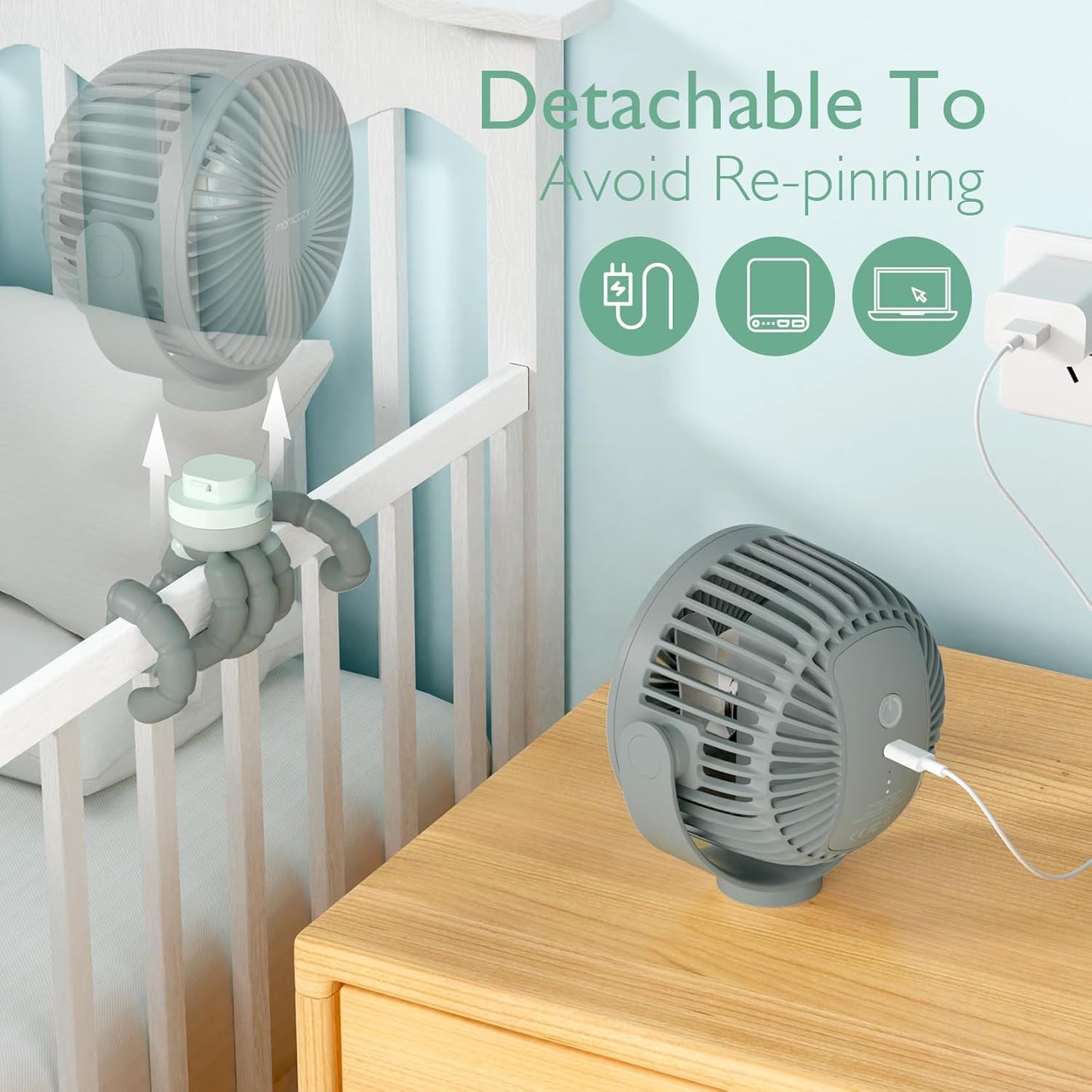 Momcozy Portable Stroller Fan, 8000mAh, 27H Ultra-long Battery Life, Detachable 4 Speed 360°Rotate, LED Night Light with 2 Modes, USB Rechargeable Handheld Cooling Fan for Travel, Car Seat, Bedroom