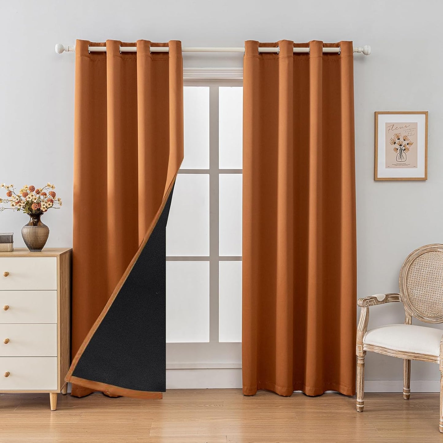 Anytime 100% Blackout Curtain Set, Thermal Insulated & Energy Efficiency Window Draperies for Guest Room, Full Shading Panels for Shift Worker and Light Sleepers（Orange, 2 Panels, 52W x 84L）