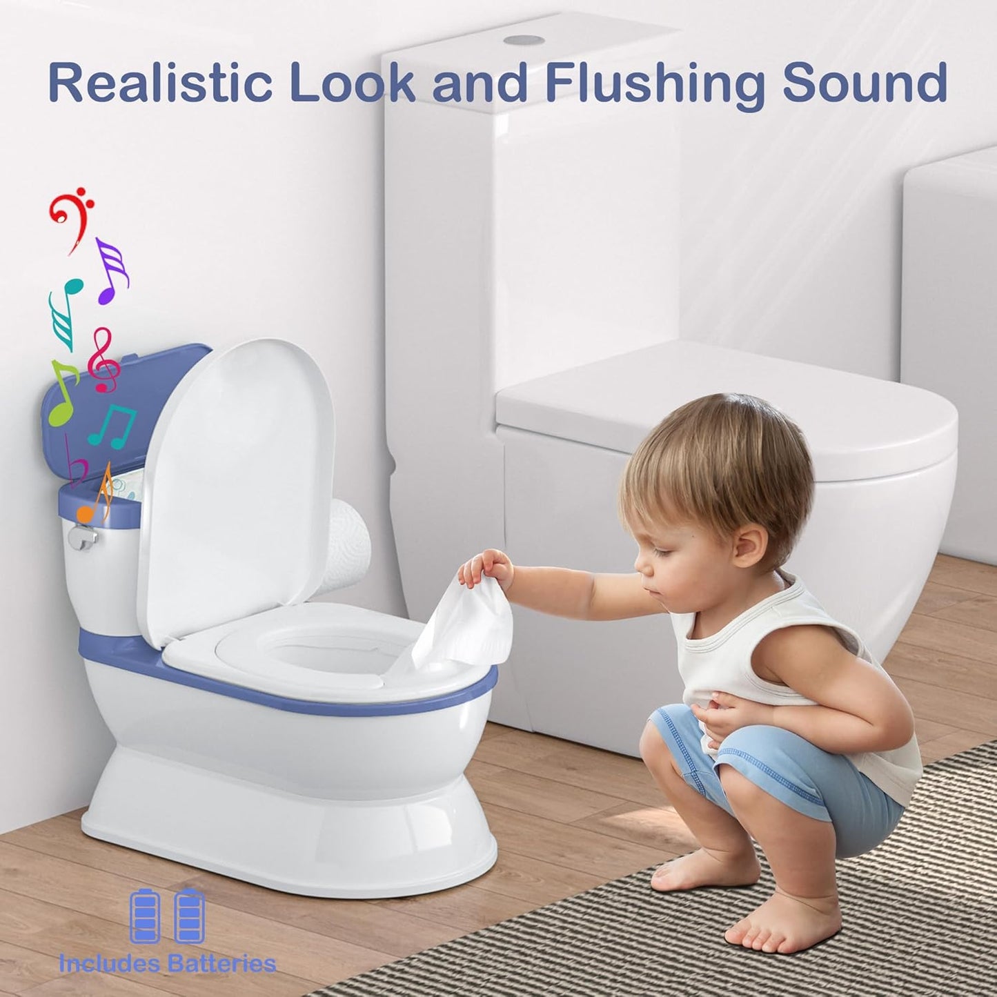 2-in-1 Toddler Potty Training Toilet - Larger Potty Chair & Detachable Training Seat for Boys & Girls Ages 1-3 with Flushing Sound, Wipes Storage, Toilet Paper Holder - Blue