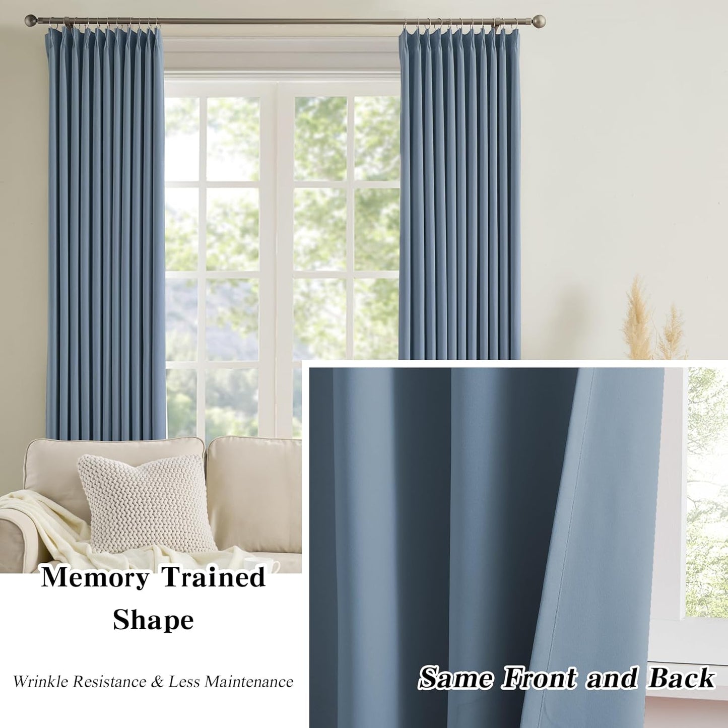 KEQIAOSUOCAI Dusty Blue Pinch Pleated Curtains 138 Inches Long Room Darkening Draperies Luxury Decor for Living Room Nursery (Stone Slate Blue 40x138 Inch 2 Panels)