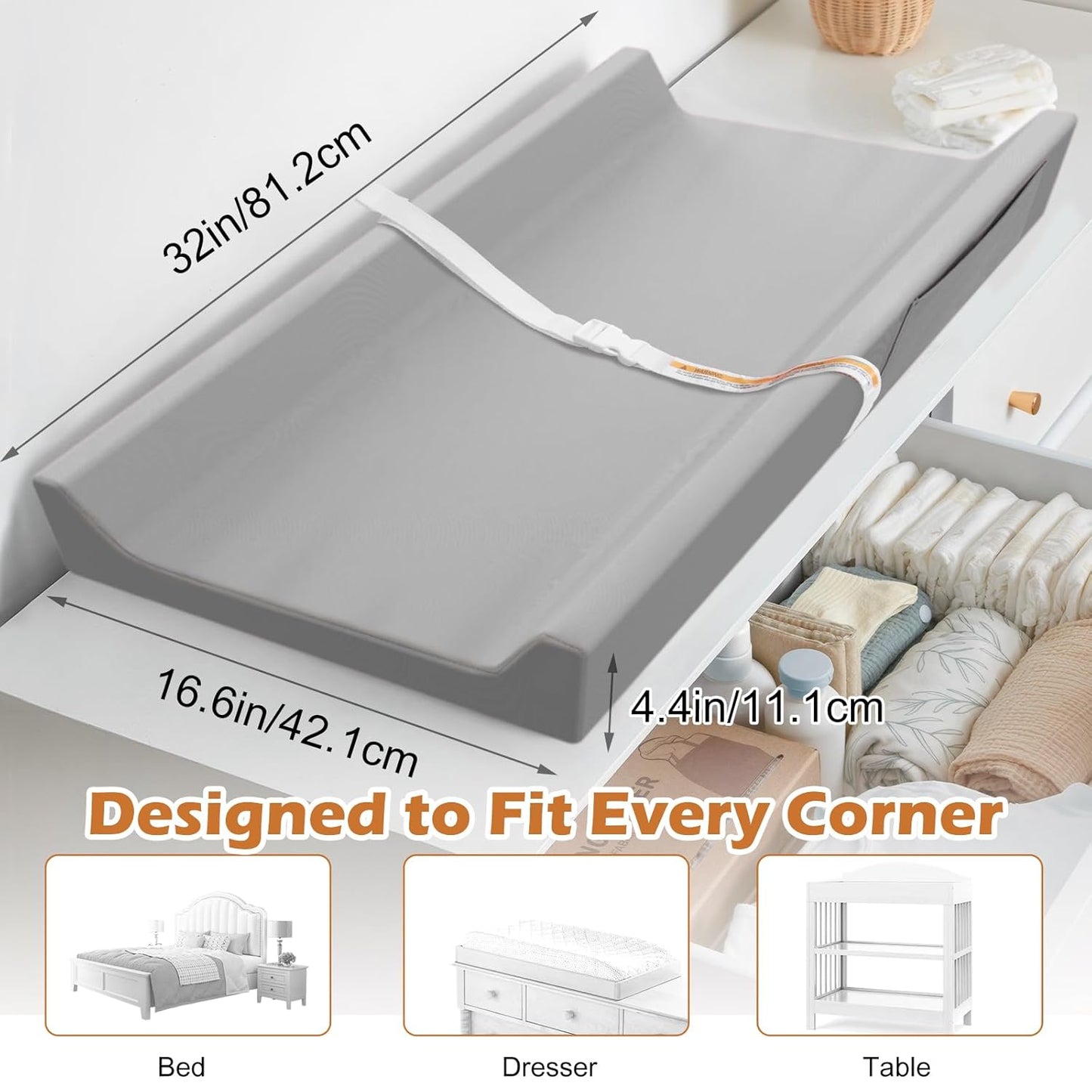 Vegan Leather Baby Changing Pad, Waterproof & Wipeable Soft Diaper Changing Mat 32" x 16.6" Comfortable Infant Changing Station for Dresser & Table