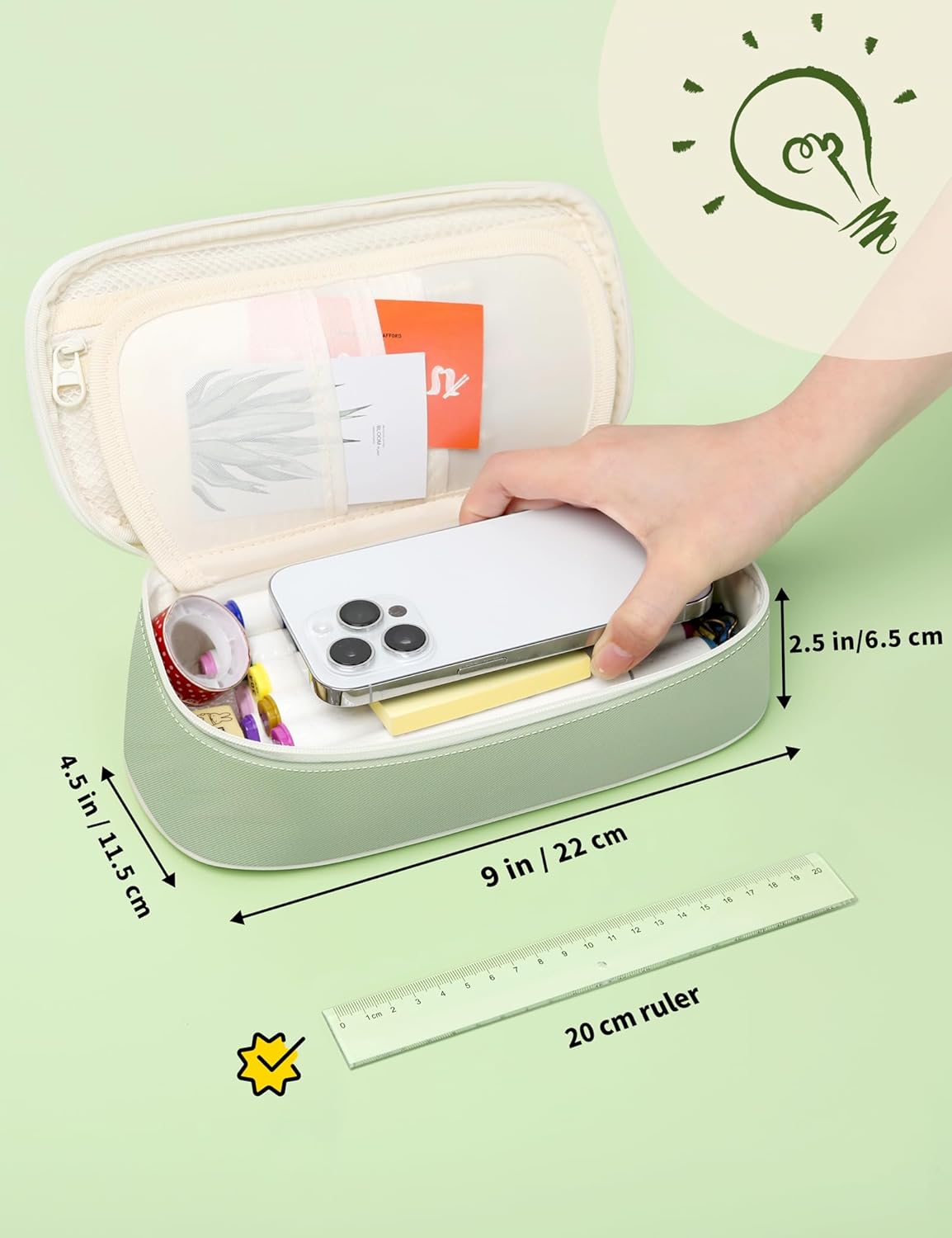 SUNEE Cute Pencil Case, Aesthetic Pen Pouch, Colored Large Pencil Bag with Zipper, Kawaii Stationery Storage and Organizer, Green School Supplies for Teen and Adult Girls