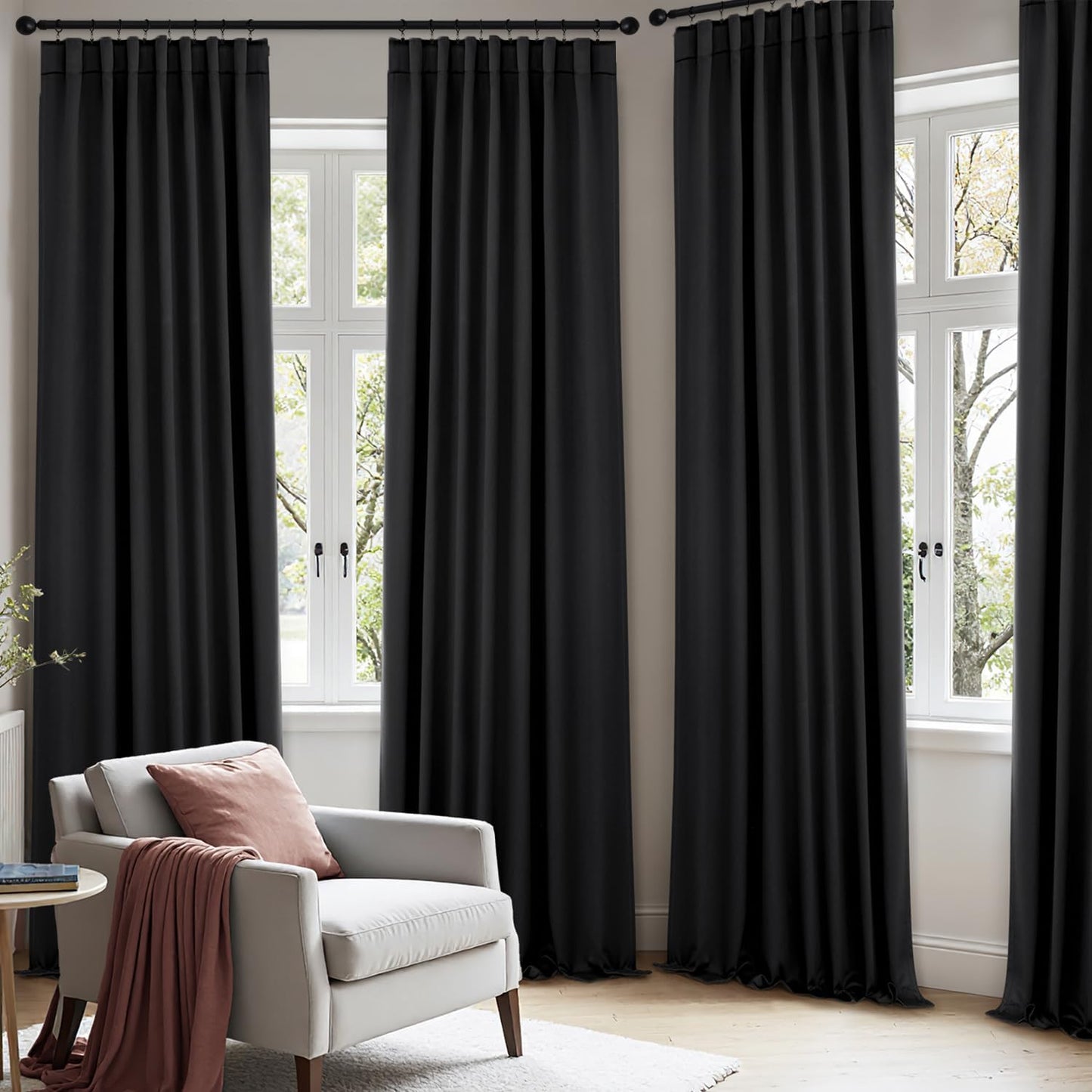ANRODUO Back Tab Blackout Curtains for Bedroom Living Room, Rod Pocket Pinch Pleated Thermal Insulated Room Darkening Curtains 84 Inches Long 2 Panels, Black, 42 x 84 Inch