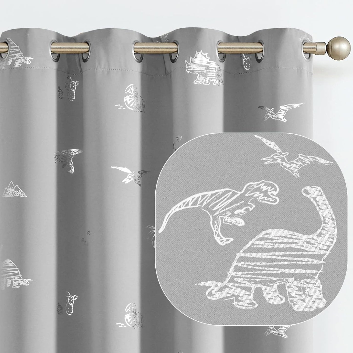 Vangao Grey Blackout Curtains Dinosaur Curtains for Boys Kids Nursery Girls Room Silver Dino Foil Print Thermal Insulated Grommet Top Window Drapes 63 Inches Length 2 Panels