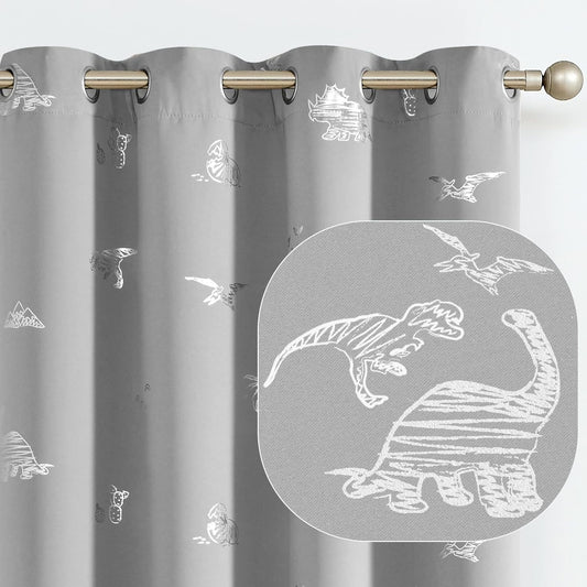 Vangao Grey Blackout Curtains Dinosaur Curtains for Boys Kids Nursery Girls Room Silver Dino Foil Print Thermal Insulated Grommet Top Window Drapes 63 Inches Length 2 Panels
