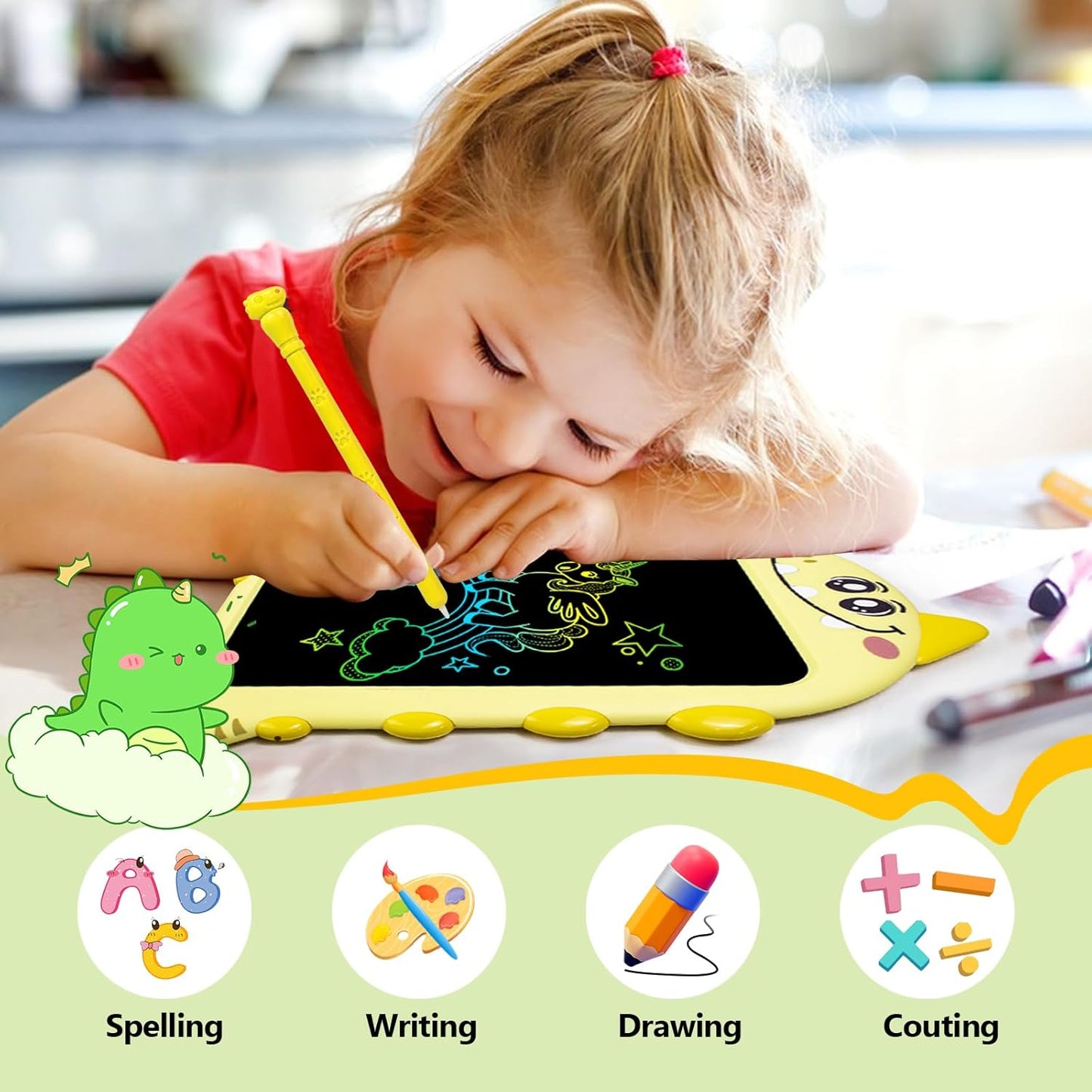 Travel Toys for Toddlers, 10 Inch LCD Writing Tablet for Kids, Dinosaur Drawing Board with Stylus, Erasable Doodle Pad for Airplane, Educational Learning Toy for Ages 2+ Years Old Easter Birthday Gift