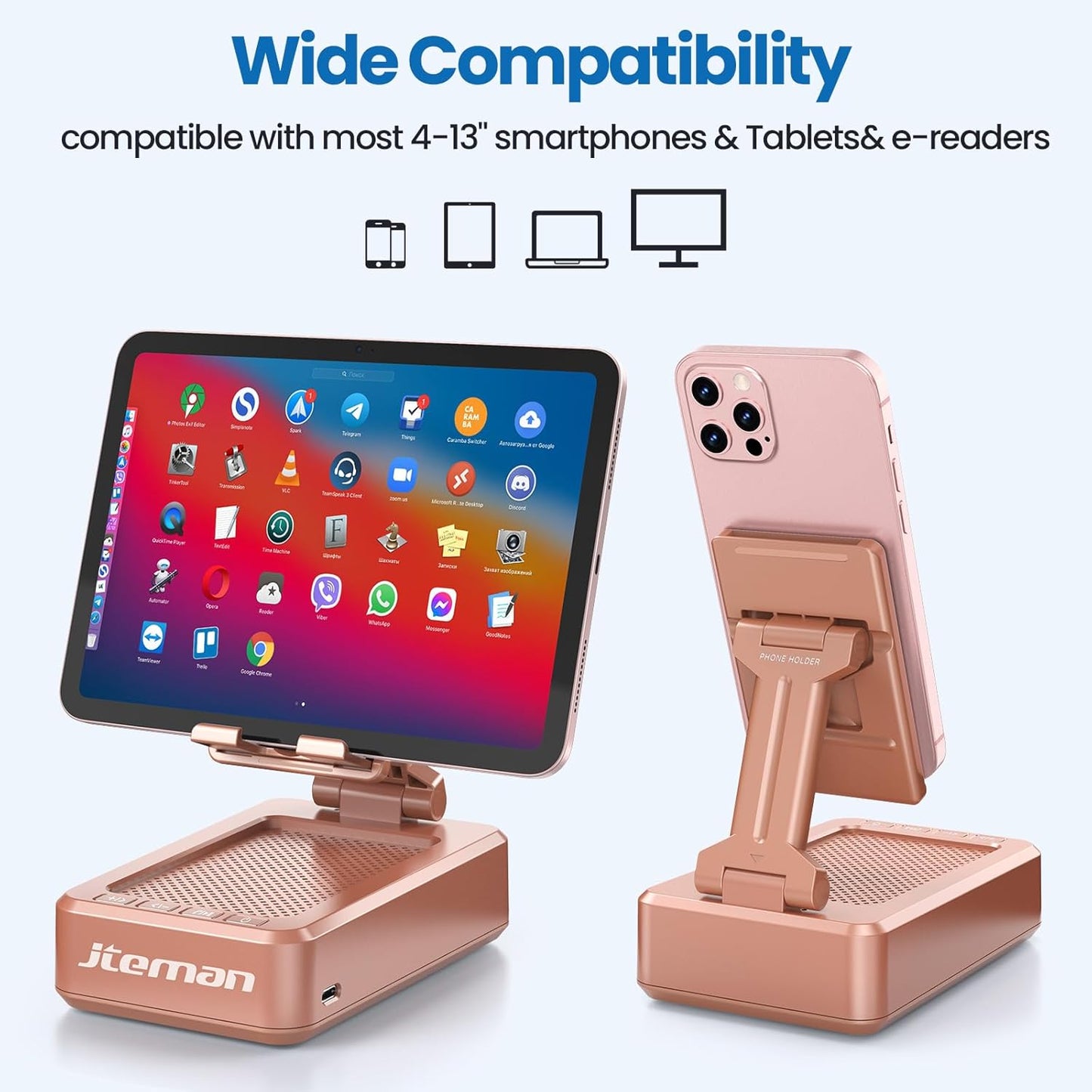 Jteman Portable Phone Stand with Speaker Bluetooth Wireless, Gifts for Women, Birthday Gift, Kitchen Gadget, Phone Holder for Desk - Rose Gold