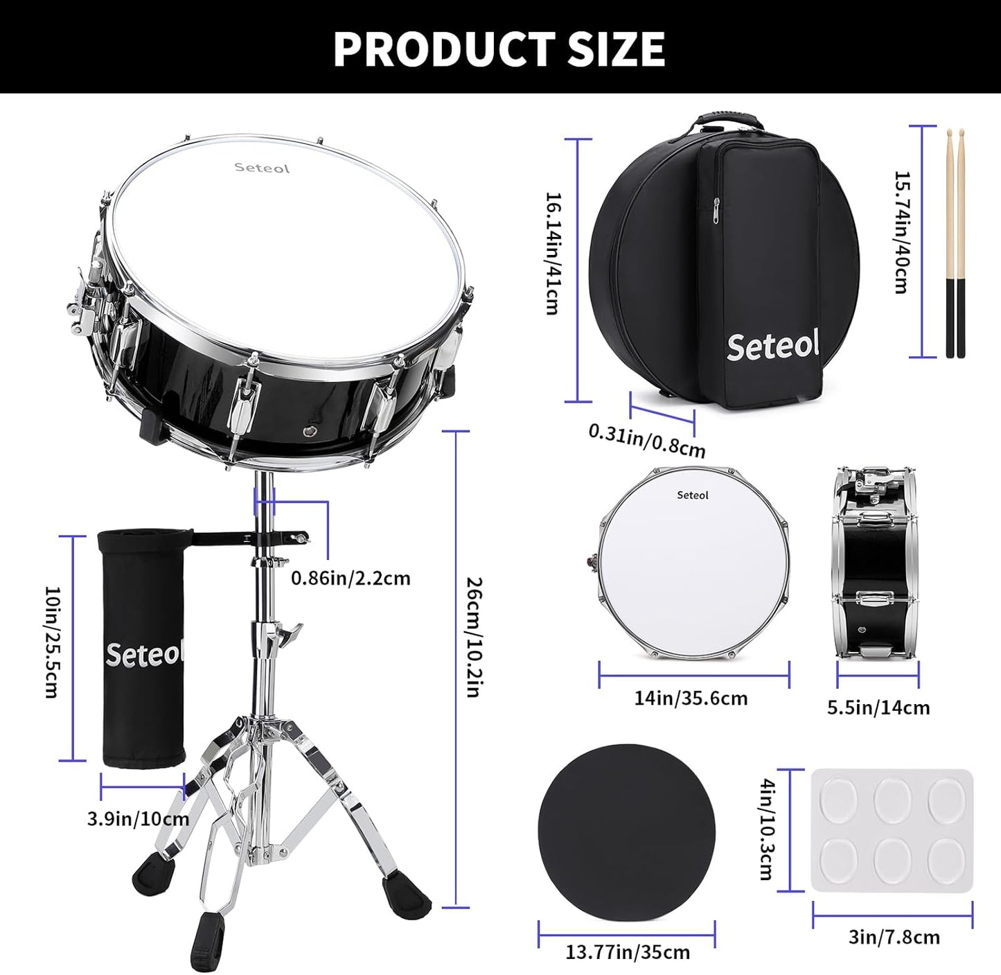 Snare Drum Set, 14" x 5.5" Marching Snare Drum with Stand & Storage Padded Bag + Silent Mute Pad + Drums Sticks + Drumstick Holder + Drums Key + Damper Gels for Adults Kids Beginners (Black)