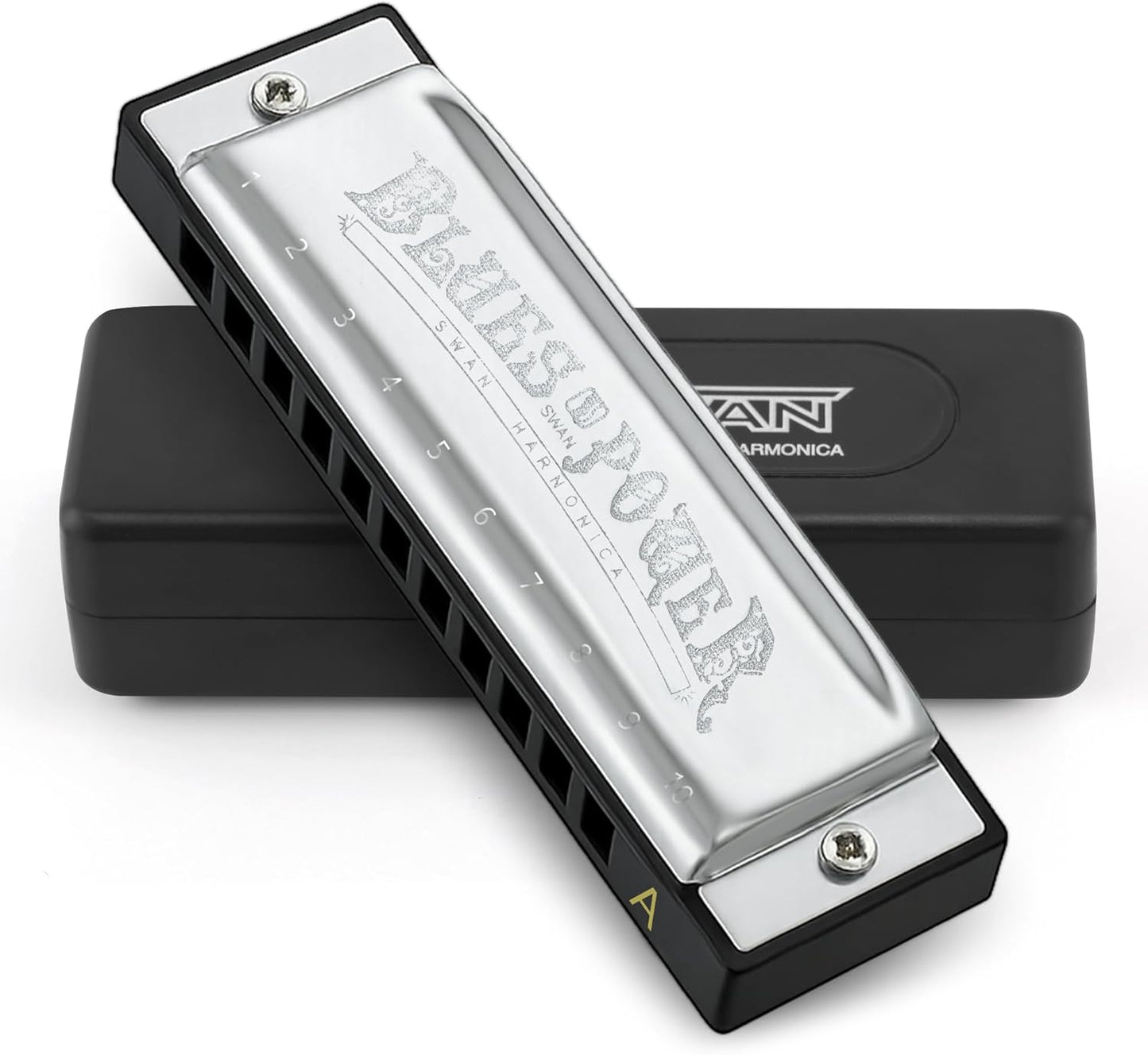 SWAN Blues Harmonica, Key of A, 10 Hole 20 Tone Diatonic Harp Mouth Organ, Stainless Steel Deluxe Harmonica for Adults, Students, Beginners, as a Gift (Silver-A)