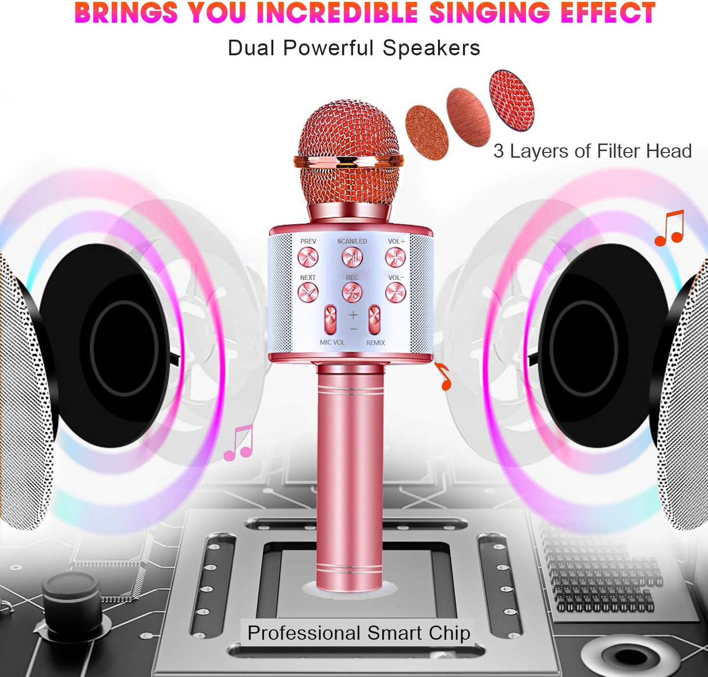 BlueFire 4 in 1 Karaoke Wireless Microphone with LED Lights, Portable Microphone for Kids, Great Gifts Toys for Kids, Girls, Boys and Adults (Pink)