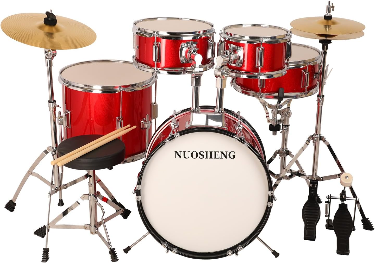 Kids 5-Piece Complete Junior Drum Set with Genuine Brass Cymbals with 16" Bass Drum, Tom-Tom, Snare, Cymbals, Hi-Tone Drum, Drum Sticks, Base Pedal and Adjustable Throne, Beginner Set Red