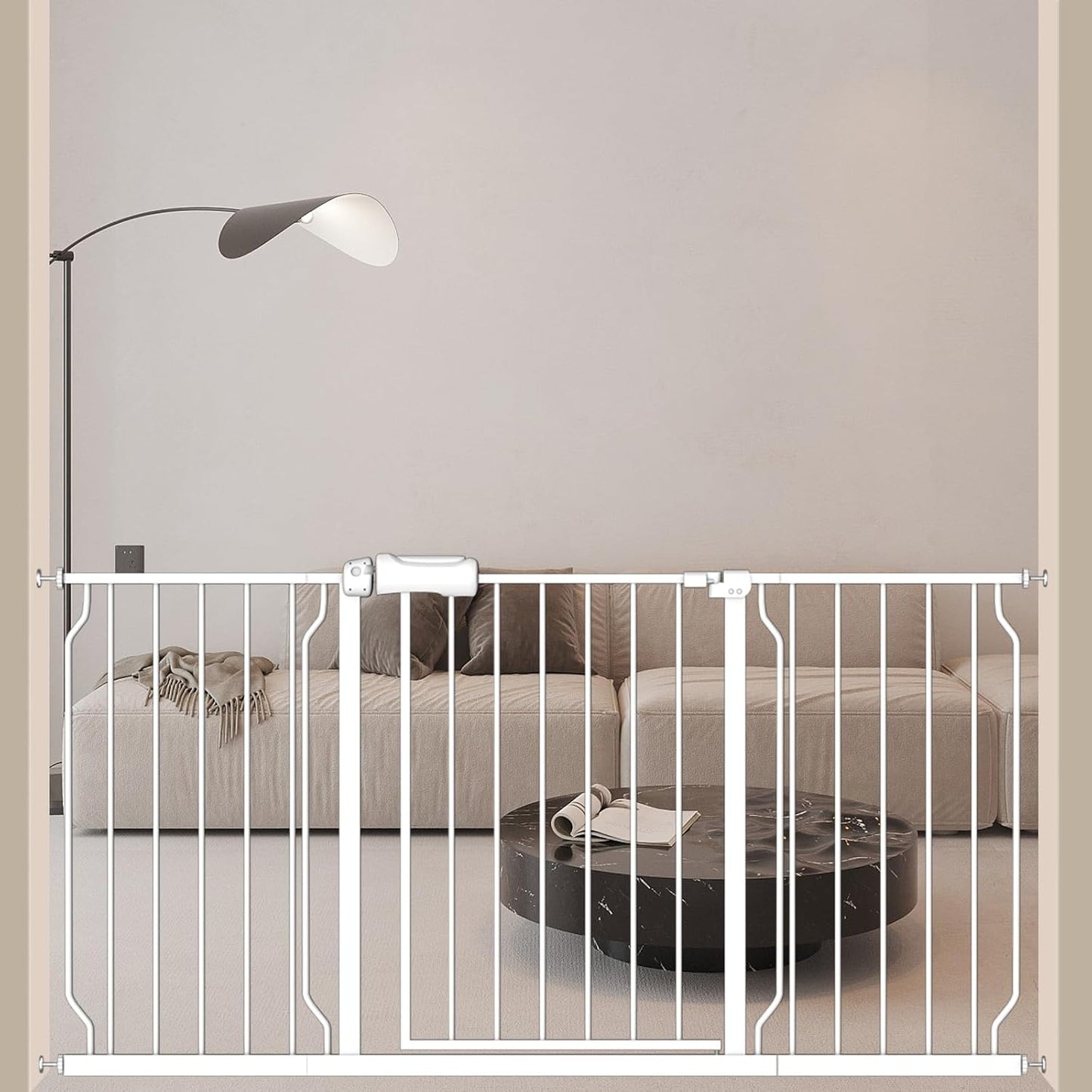 ALLAIBB Extra Wide Baby Gate Pressure Mount with Auto-Close, White Metal Safety Gate for Stairs & Doorways - Child Proof, Pet Barrier for Hallways, Kitchen, Living Room for 57.48-62.02 inch