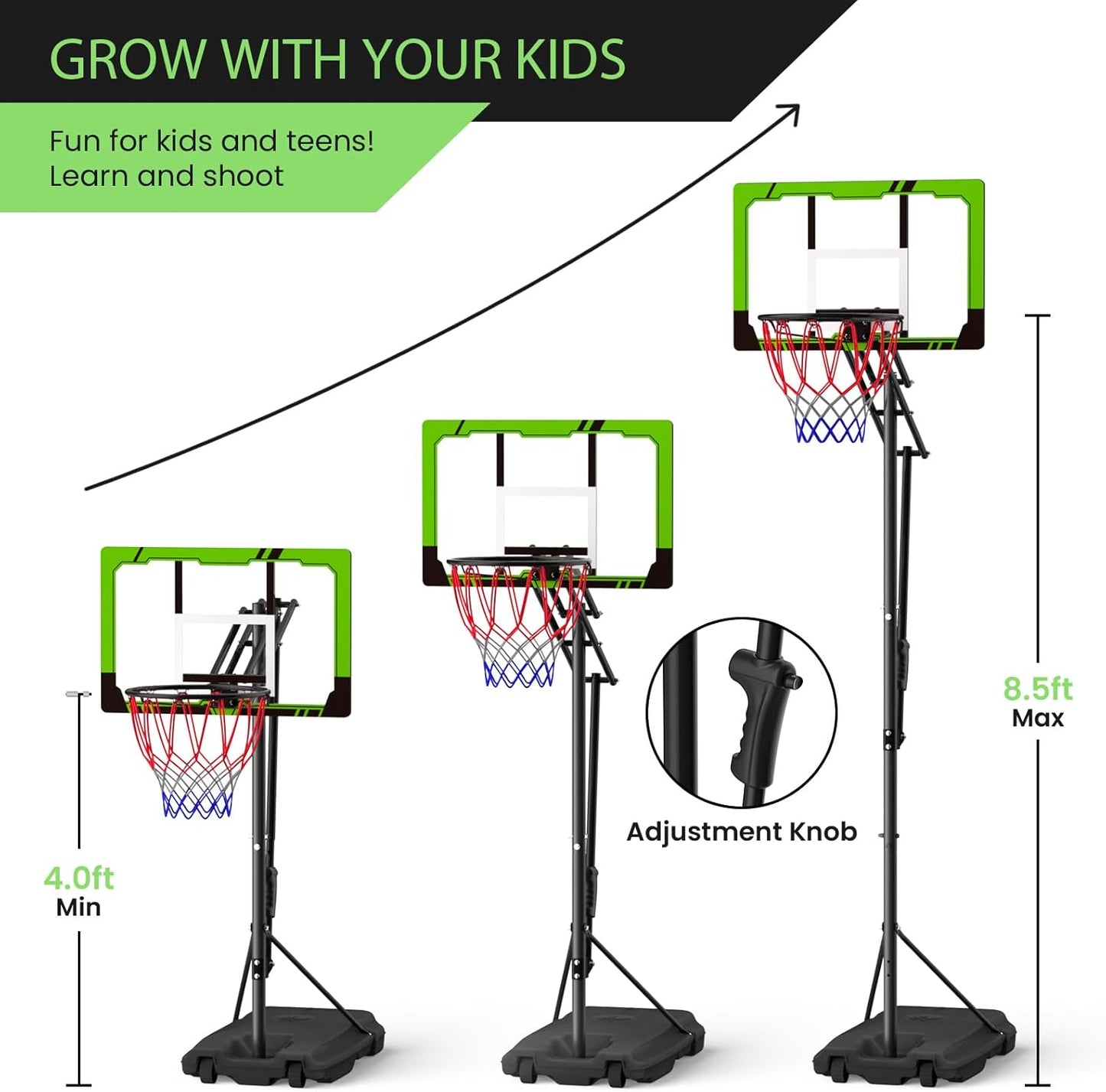 Basketball Hoop Outdoor 10 FT Height Adjustable, Portable Basketball Goals Systems with 45" Backboard for Youth Adults Kids - Backyard, Driveway, Indoor Play
