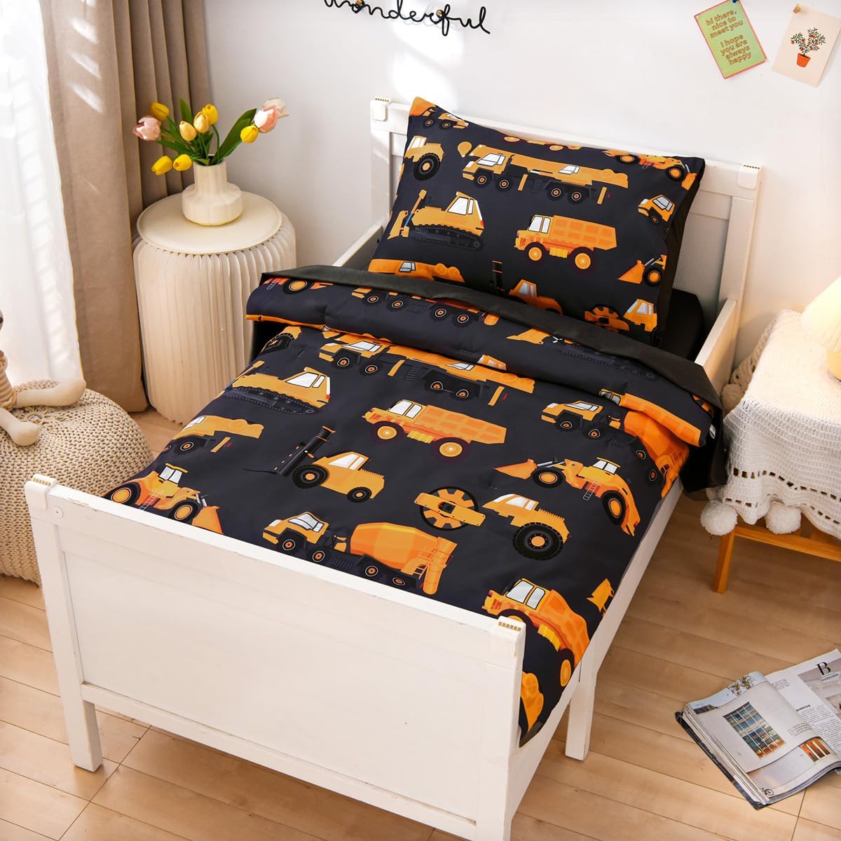 NTBED 4 Pieces Construction Toddler Bedding Set for Baby Boys, Truck Vehicles Excavator Cars Printed, Includes Comforter, Flat Sheet, Fitted Sheet and Pillowcase,Black