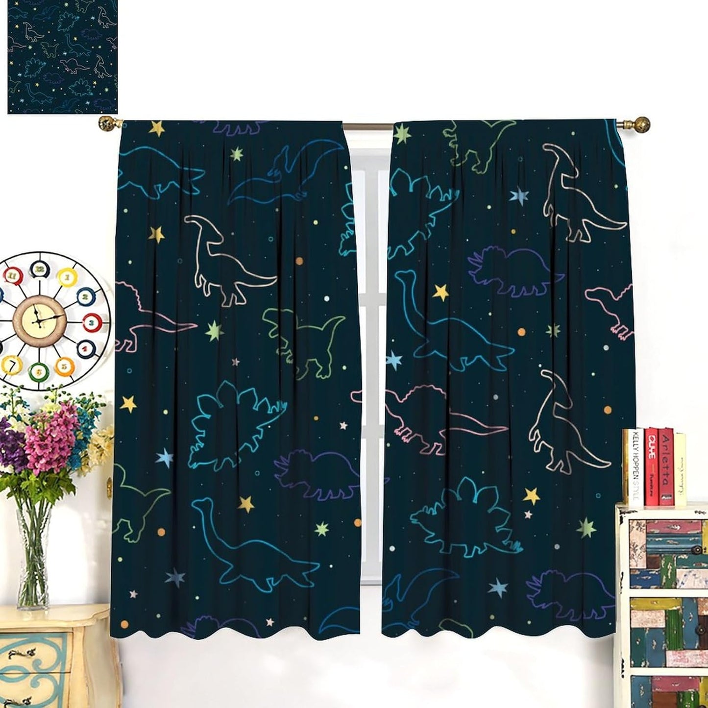 Cartoon Colorful Dinosaur Curtains for Kids Boys Girls Home Decor, Astronaut Funny Outer Space Star Blackout Rod Pocket Window Drapes for Bedroom Living Room W31.5xL63in 2 Panels
