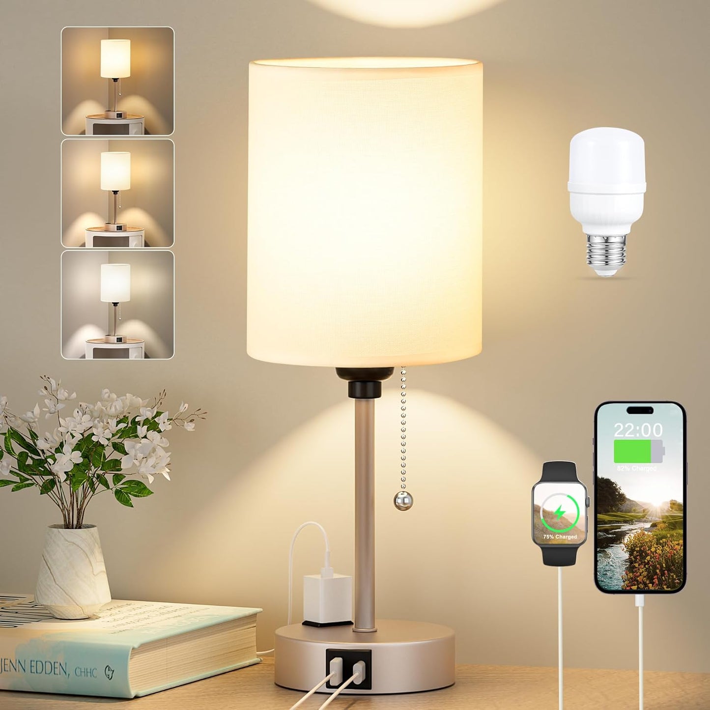 Small Bedside Table lamp for Bedroom - 3 Color Temperatures Bedside Lamps with USB C and A Ports, Pull Chain Table Lamps with AC Outlet, Gold Nightstand Lamps with White Shade for Kids Reading