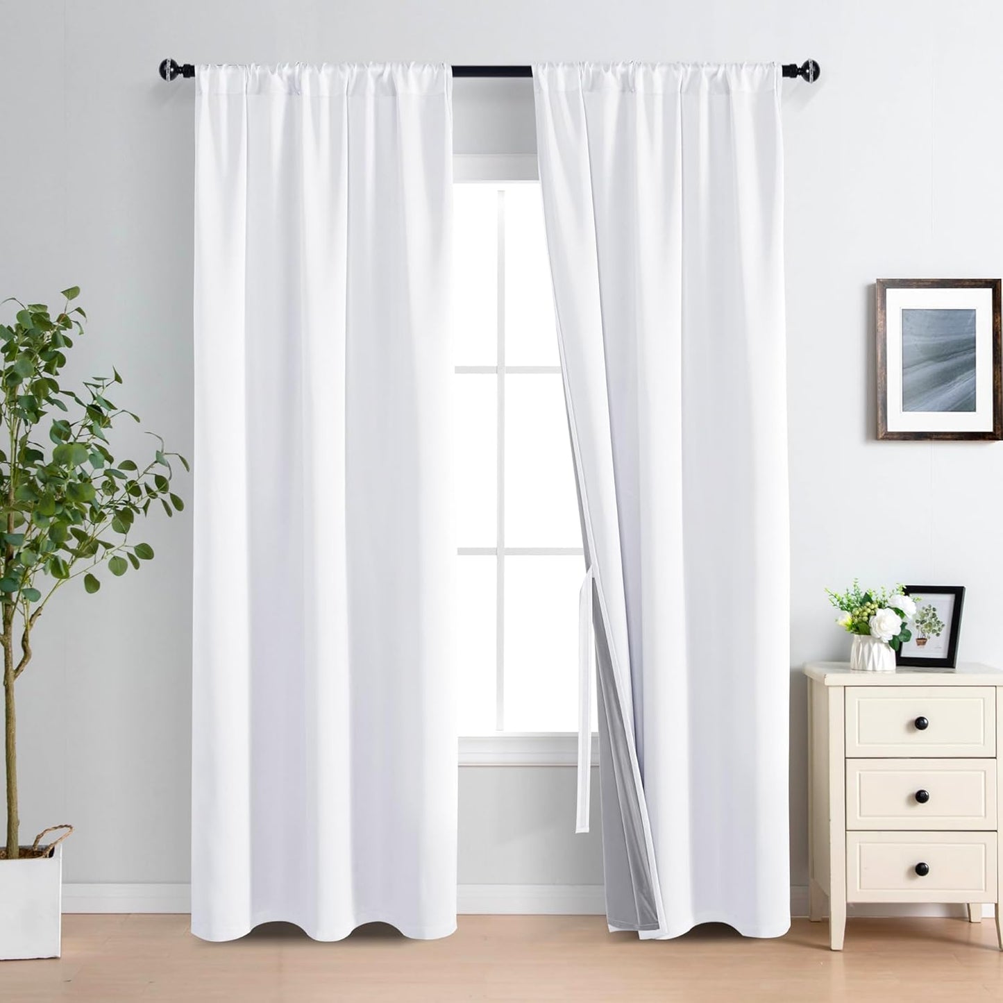 XWZO White Blackout Curtains with Tiebacks - Heat and Full Light Blocking Rod Pocket Window Panels for Bedroom/Nursery, 84 Inches Long Thermal Insulated Draperies, White, W38 x L84, Set of 2