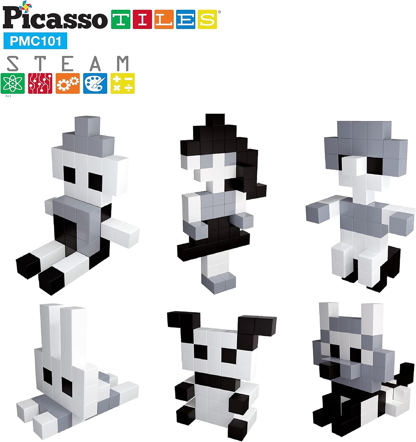 PicassoTiles 101pc Magnetic Puzzle Cube Set Black and White 1 Inch Construction Blocks STEM Educational Toy for Kids Age 3 Plus Sensory Learning Kit with Idea Book for Building and Creativity PMC101