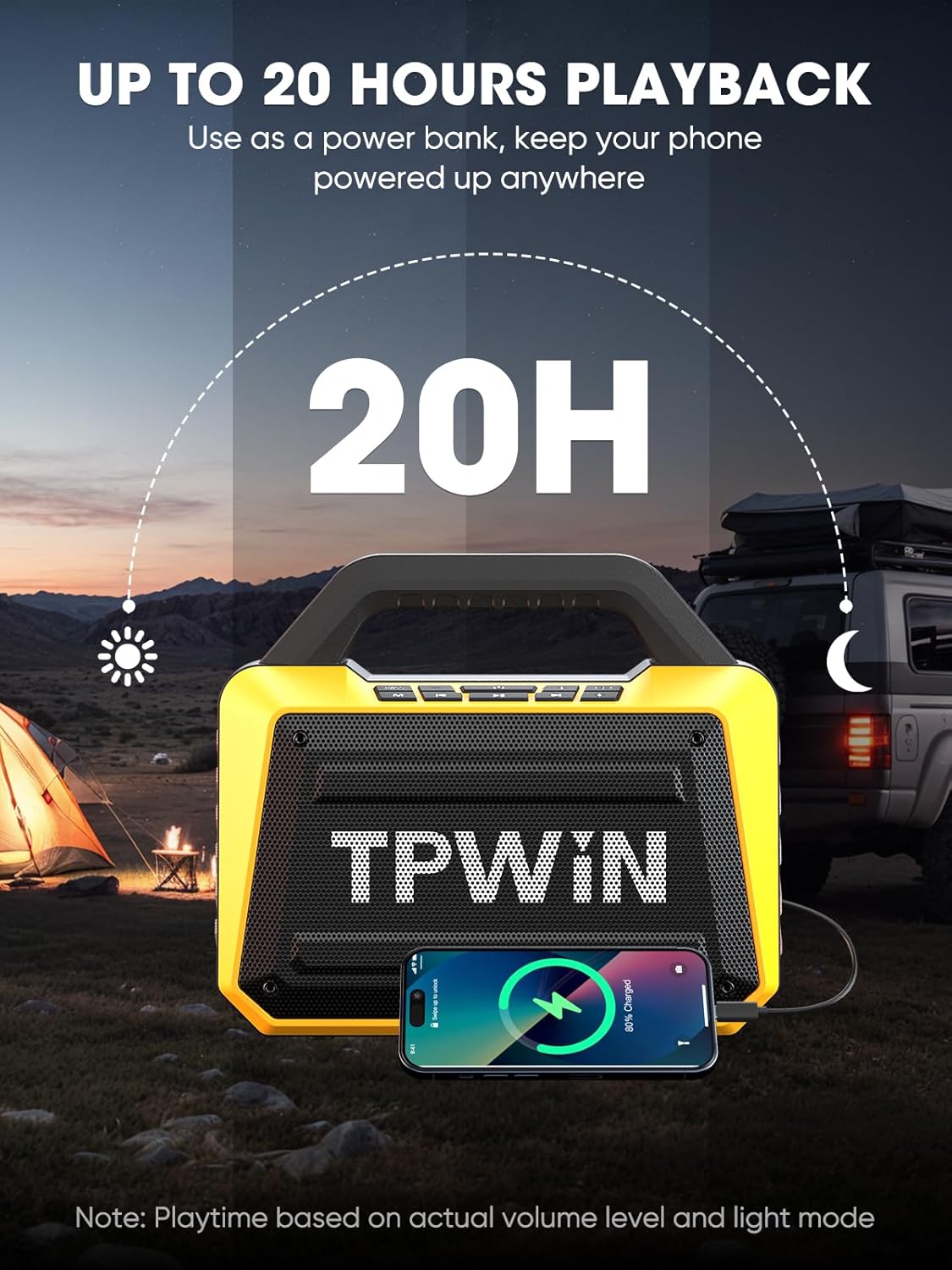 Portable Bluetooth Speakers - Wireless Jobsite Speaker 80W Peak, TWS, Light Shows, Loud Speaker with Deep Bass, BT 5.3, IPX6 Waterproof, 20H Playtime for Outdoor Beach Camping Garage - Yellow
