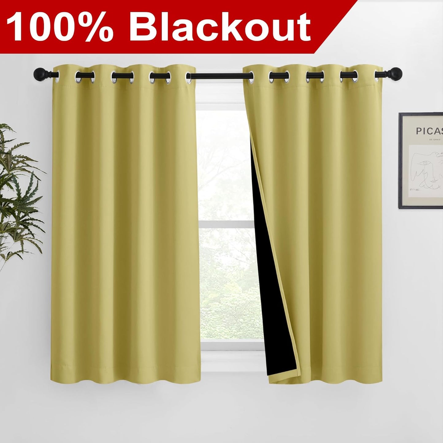 NICETOWN 100% Blackout Curtains with Black Liners, Solid Thermal Insulated Full Blackout 2-Layer Lined Drapes, Energy Efficiency Window Draperies for Bedroom (2 Panels, 46" W by 54" L, Paler Yellow)