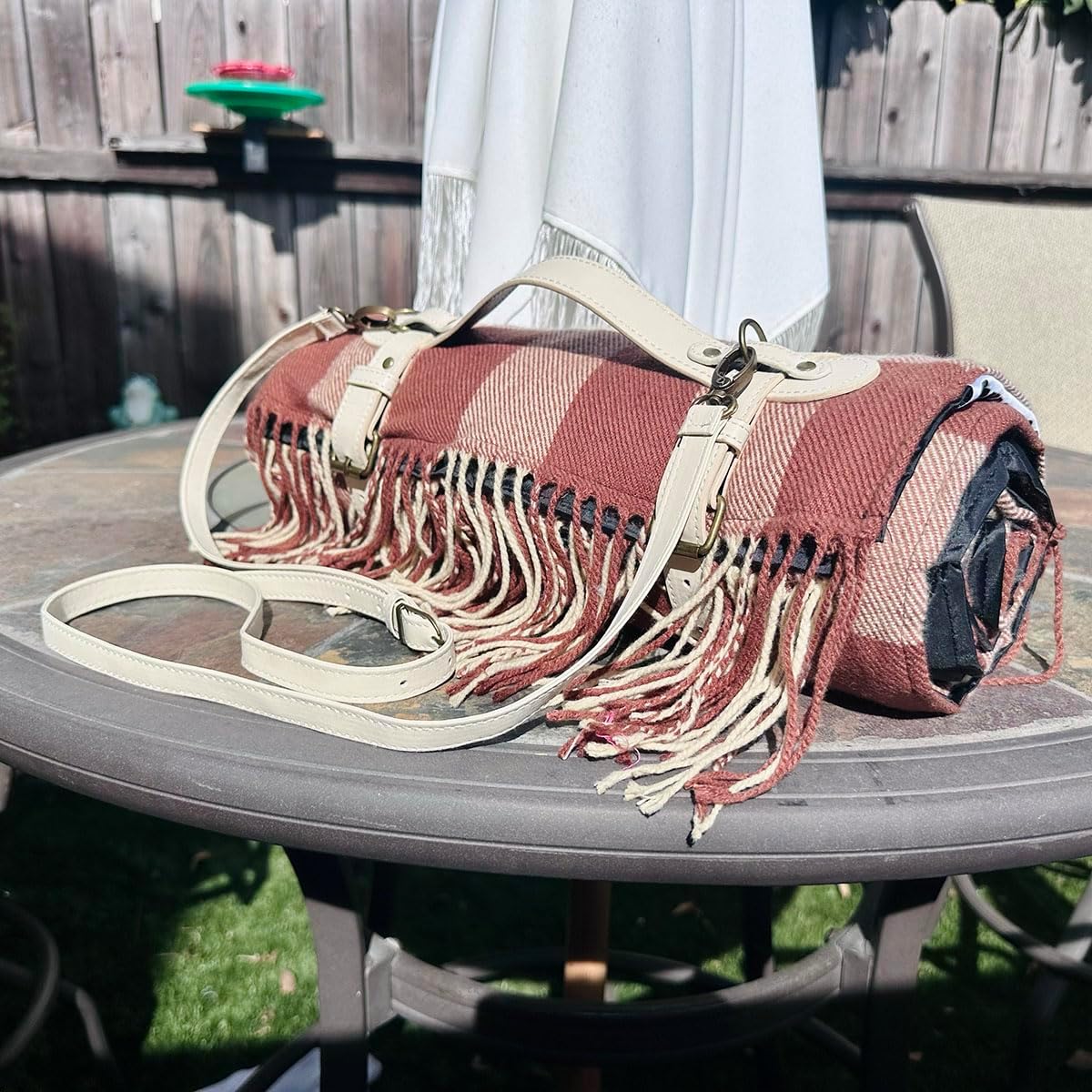 Picnic Blanket Extra Large Waterproof with Strap 59"x79" - Machine Washable Tassels Faux Wool Cashmere for Park, Grass, Camping, Hiking, Concerts (Latte with white shoulder strap, 59"X79")
