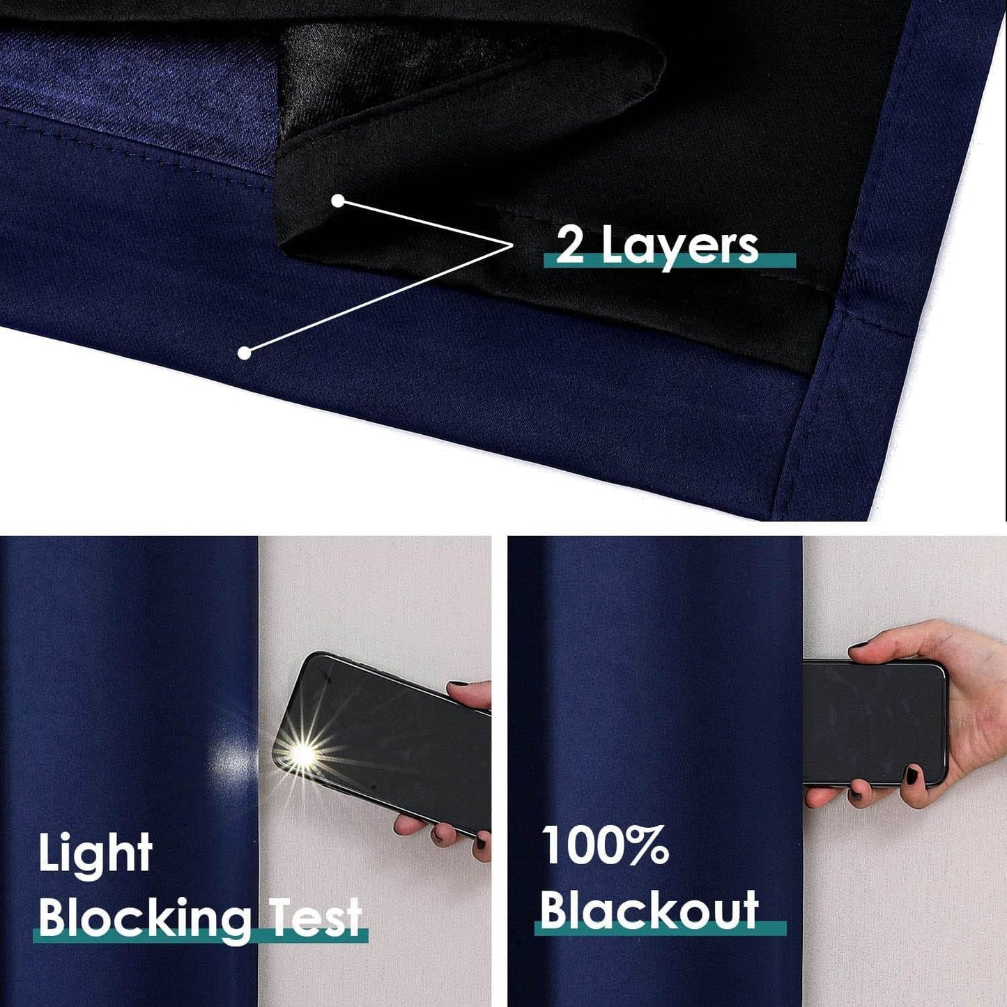 ChrisDowa 100% Blackout Curtains 90 inch Long for Bedroom with Black Liner, 2 Thick Layers Total Blackout Thermal Insulated Grommet Long Window Curtains 2 Panels Set (Navy Blue, 52 x 90 Inch)