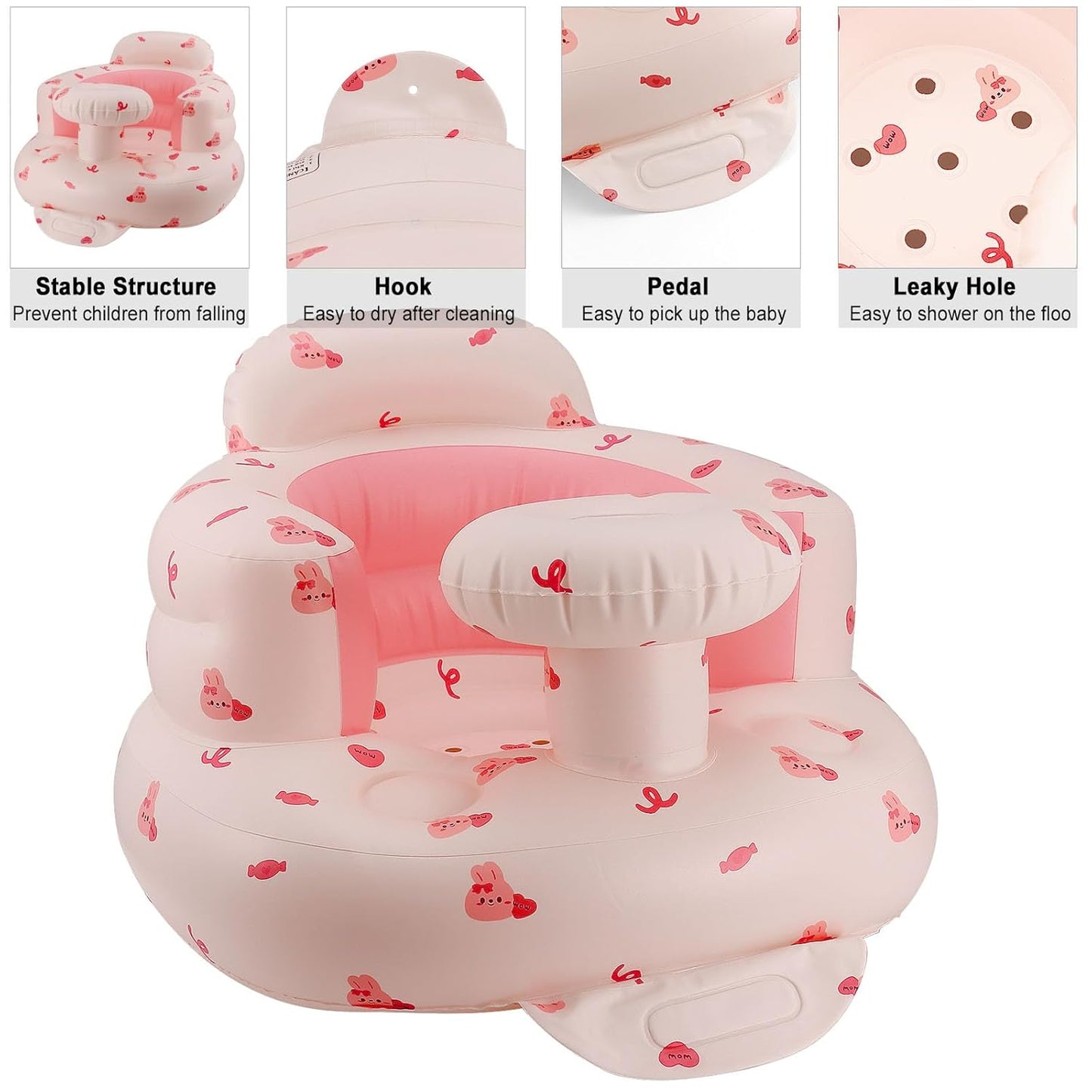 Pink Baby Inflatable Seat for 3-36 Months Girl, Built-in Air Pump, Bear Baby Support Seat Summer Toddler Chair for Sitting Up, Floor Seater