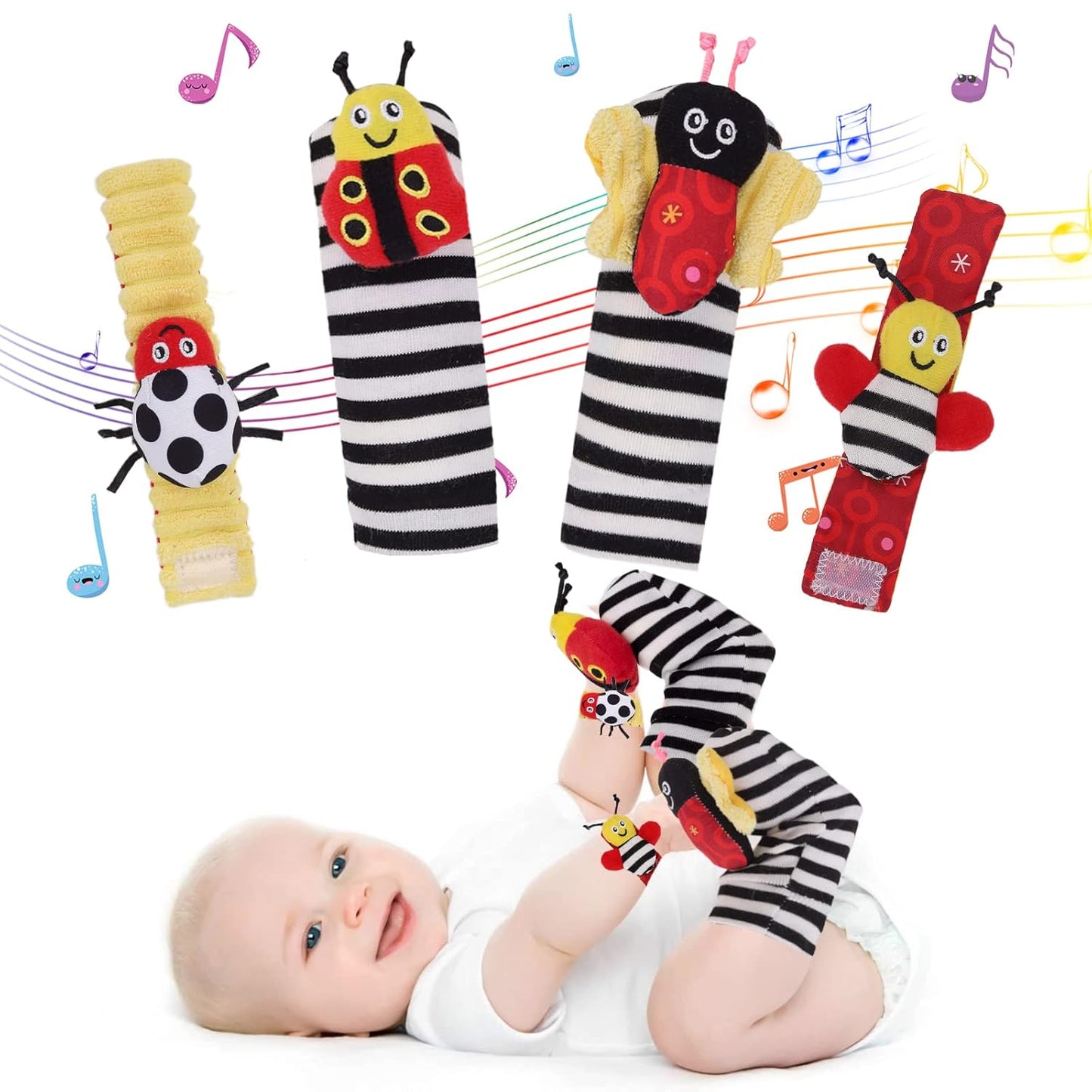 Baby Wrist Rattle Socks and Rattles Gift Set Cartoon Baby Socks Babies Toys for Toddlers 1-3 Year Old Newborn Sensory Toys 3-6 Months Early Learning Toys Babies Shower Gifts for Boys Girls