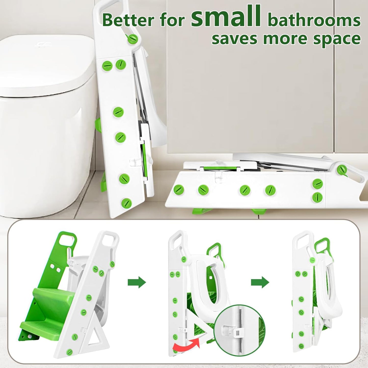 Potty Training Seat, Upgrade Foldable Step Stool, Climbable and Easy to Carry Handles, Adjustable for Different Toilet Heights, Attachment with Stable Structure for Boys and Girls