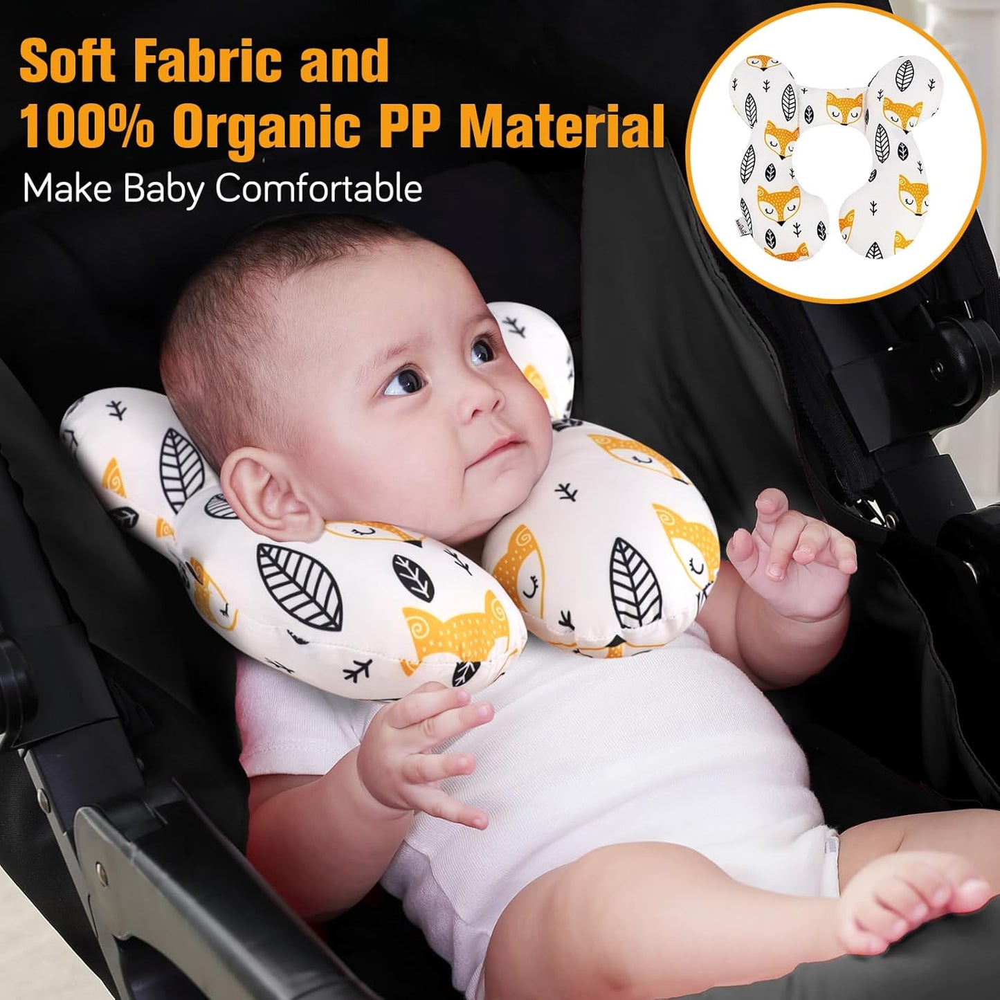 KAKIBLIN Baby Neck Pillow, Upgraded Baby Support Pillow for Head and Neck, Babies Head Pillow for Car Seat,Pushchair,Travel(Yellow Fox)