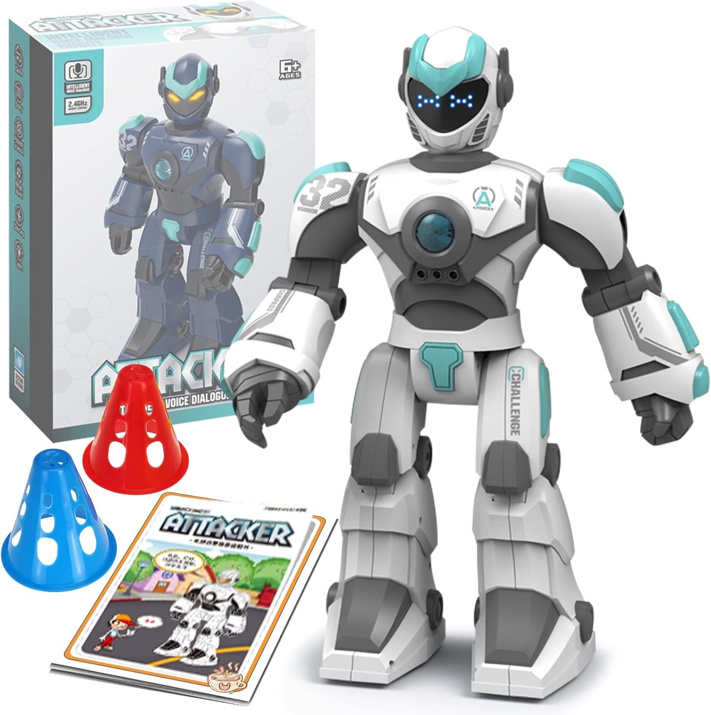Robot Toys for Kids 6-8 with 10 Sports Cones, Smart Remote Control Robot can Auto-Demo Dance Music Story Poem, Kids Toys for Boys Age 6 7 8 Year Old Boys Gifts (White)