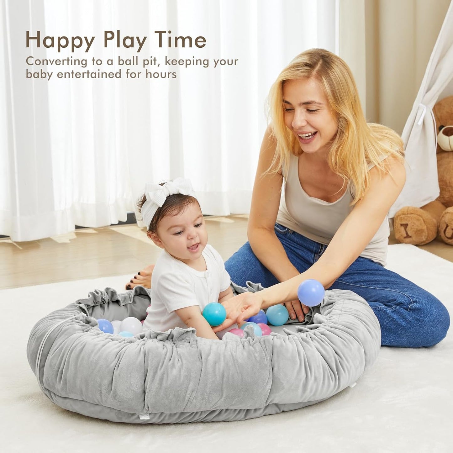 ANGELBLISS 5 in 1 Baby Play Gym Mat, Reversible Tummy Time Mat with 5 Sensory Toys for Stage-Based Developmental, Thick & Large Baby Activity Center from Newborn to Toddler (Grey)