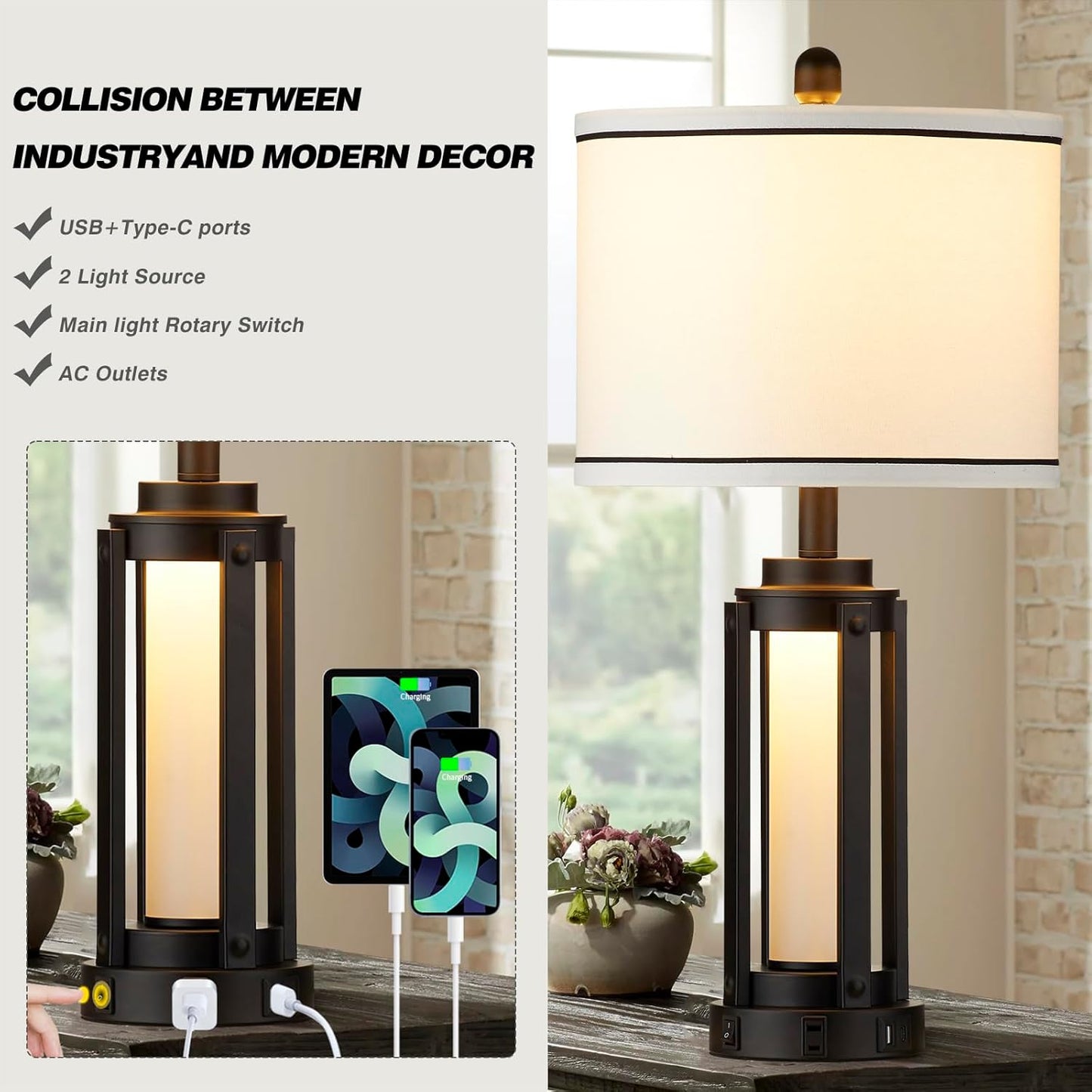 26" Modern Table Lamp with USB A+C Charging Ports & AC Outlet, Industrial Beside Contemporary Lamp Glass LED Night Light for Living Room Bedroom Nightstand End Table Single Black(2 Bulbs Included)